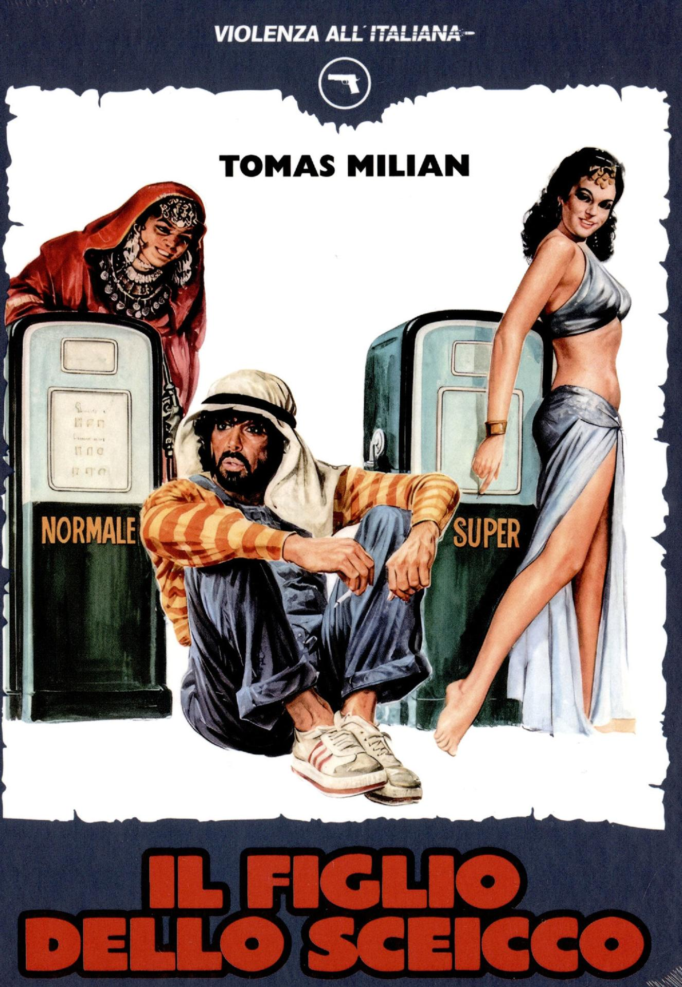Filmposter mit Tomas Milian sitzend zwischen zwei alten Zapfsäulen und zwei Frauen.