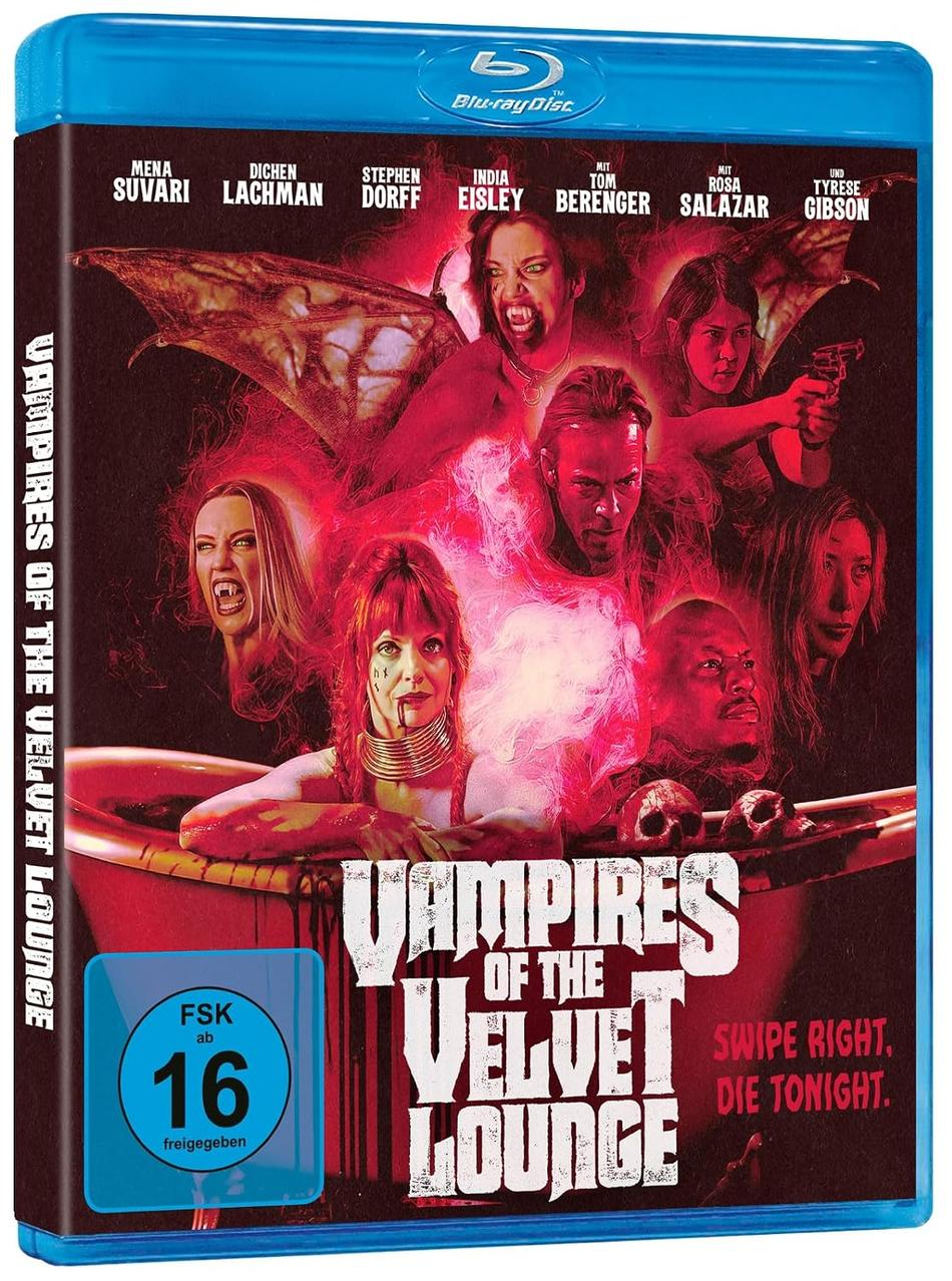Blu-Ray-Cover des Horrorfilms 'Vampires of the Velvet Lounge' mit mehreren blutrünstigen Darstellern in rotem Licht.