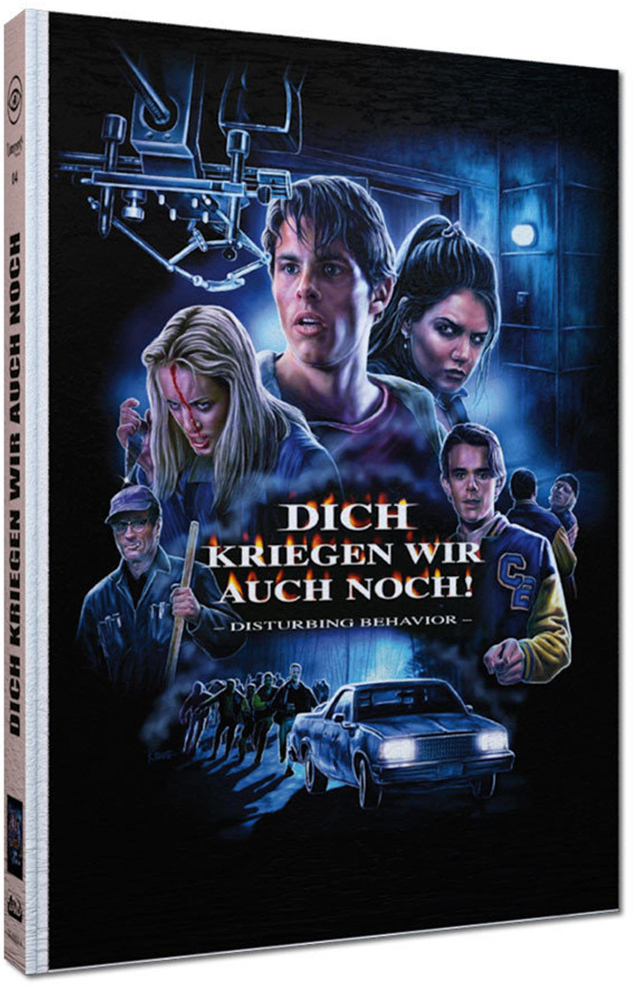 DVD-Cover des Horrorfilms "Dich kriegen wir auch noch!" mit mehreren besorgten Gesichtern und einem Auto in blauer Nacht.