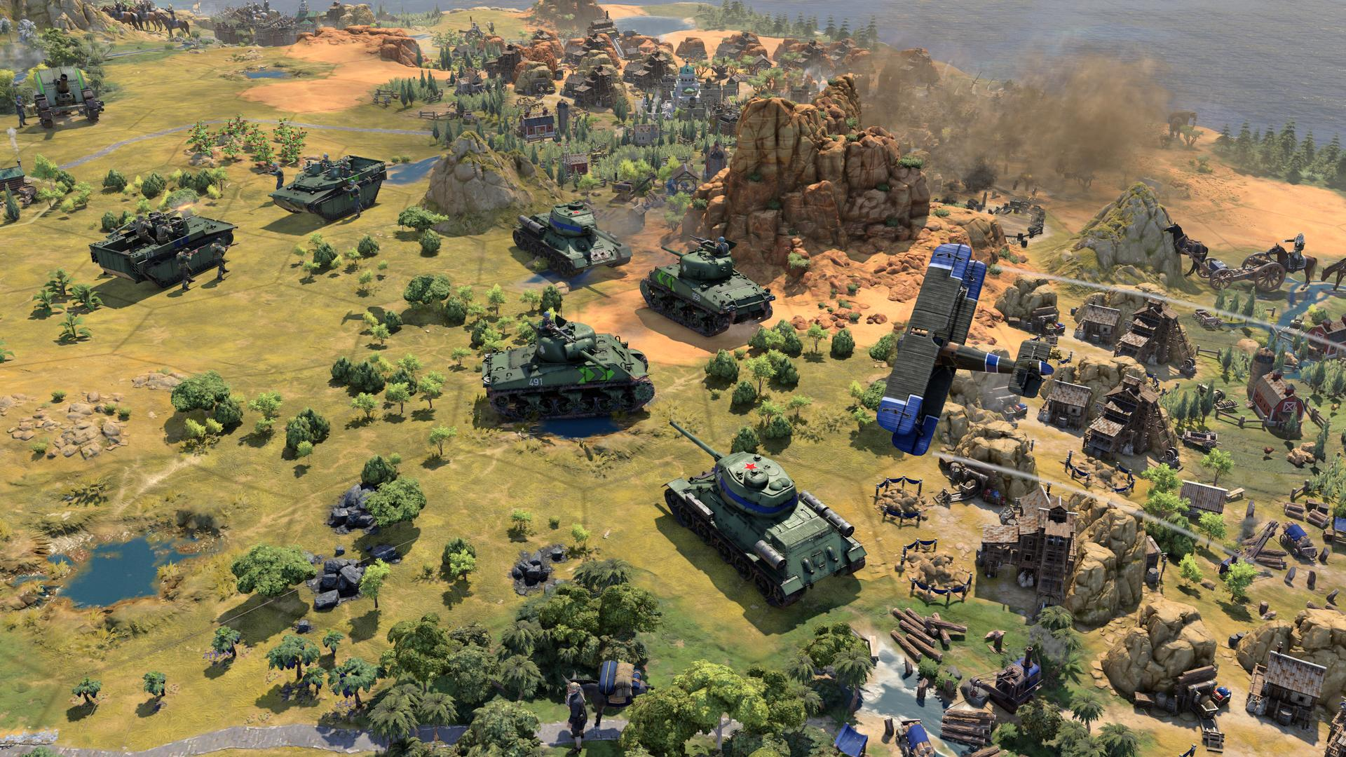 Strategisches Kriegsspiel mit grünen Panzern und einem blauen Doppeldecker in einer hügeligen Landschaft.