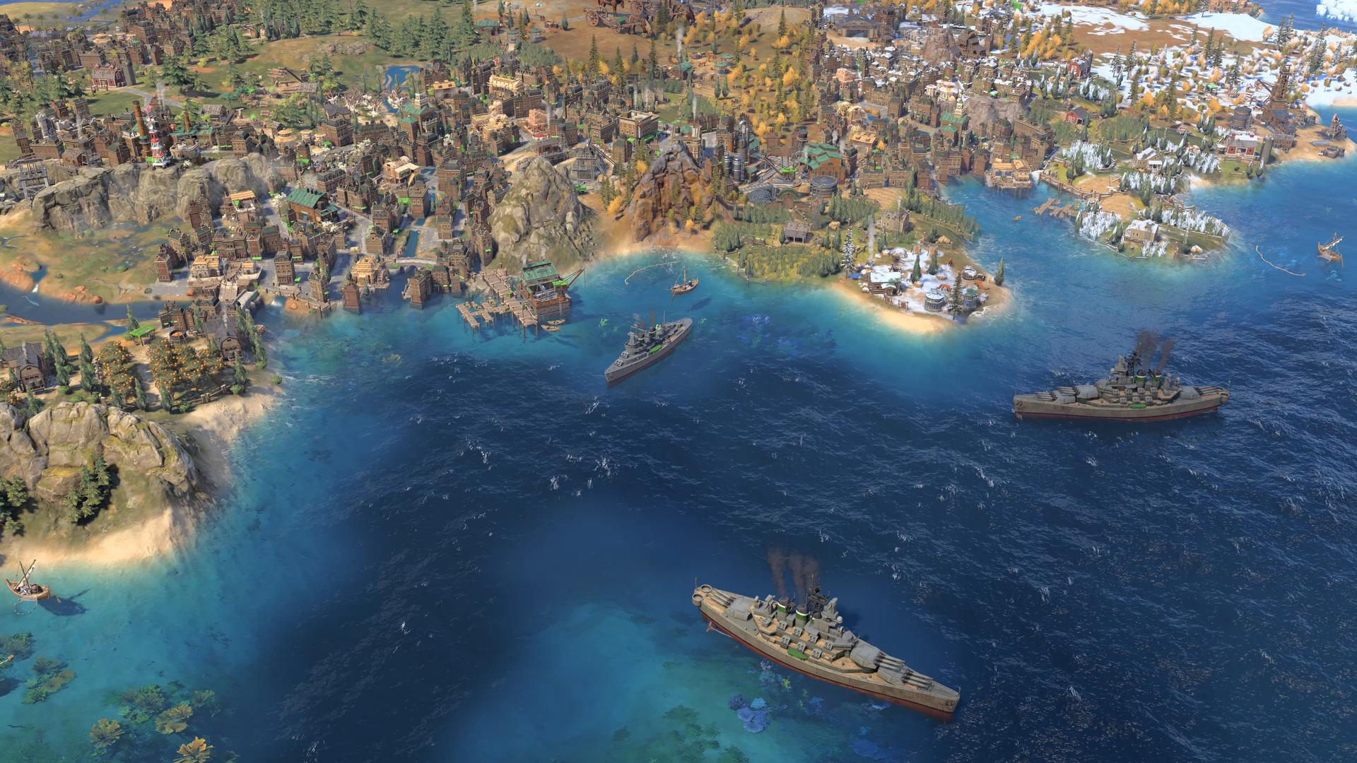 Luftaufnahme einer großen Küstenstadt mit Industrieanlagen und Kriegsschiffen auf dem blauen Meer.