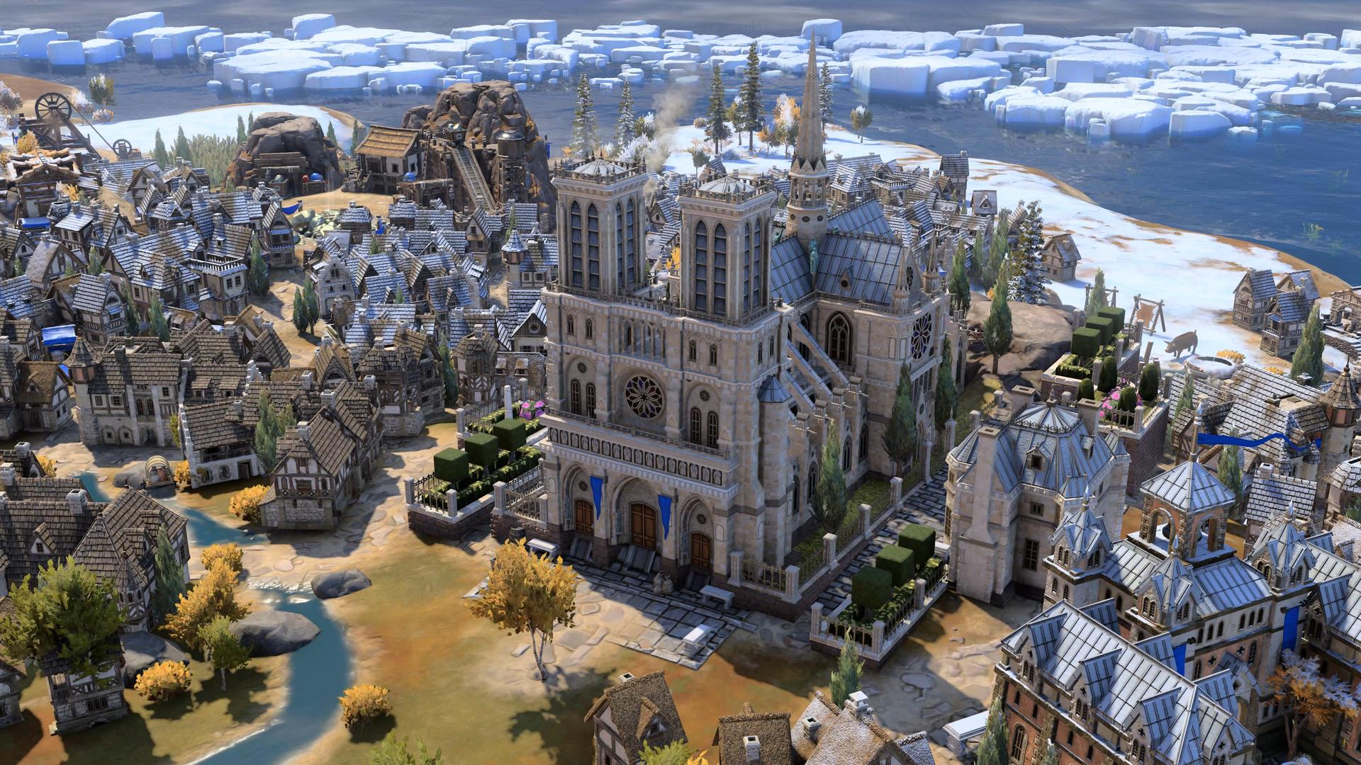 Eine detaillierte mittelalterliche Kathedrale steht in einer Stadt am Wasser mit schneebedeckten Bergen im Hintergrund.