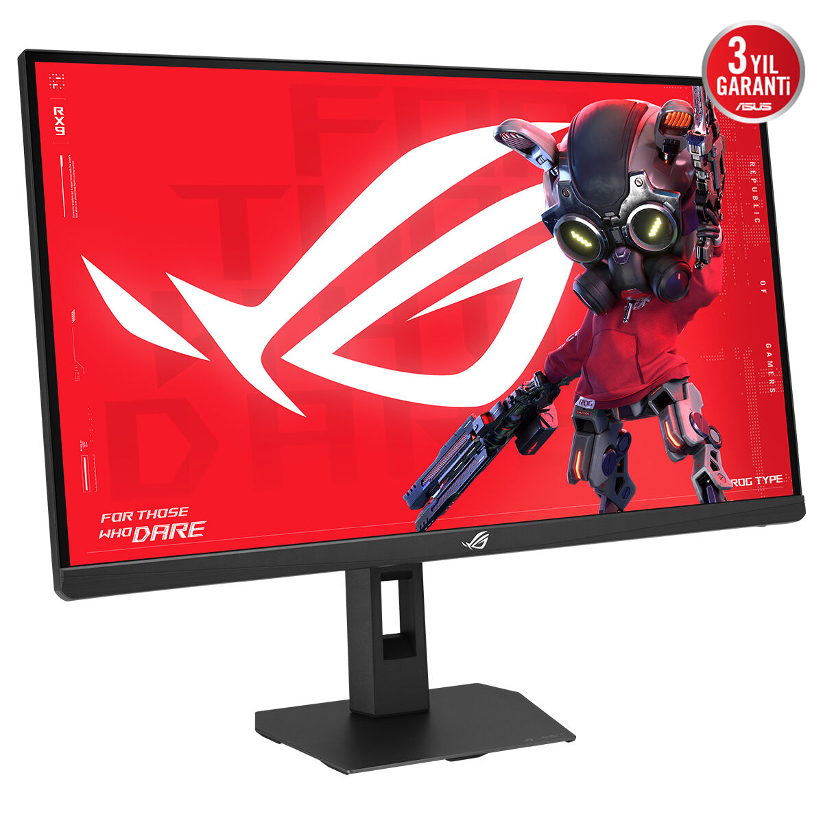 Bir ASUS oyuncu monitörü, robot karakterli kırmızı bir ROG duvar kağıdı ve 3 yıl garanti rozeti gösteriyor.