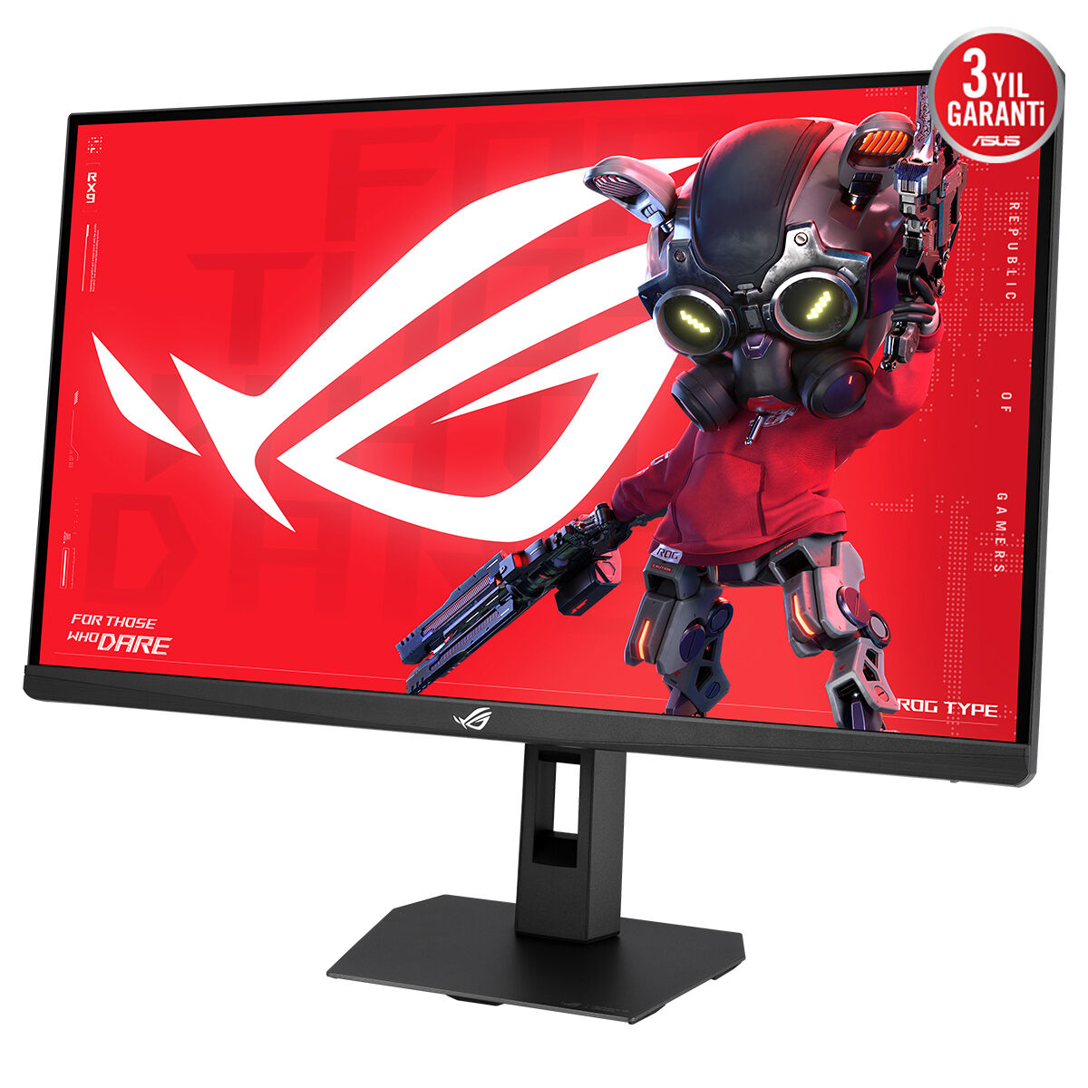 Bir ASUS ROG oyun monitörü, robot maskot ve ROG logosu içeren kırmızı bir duvar kağıdı gösteriyor.