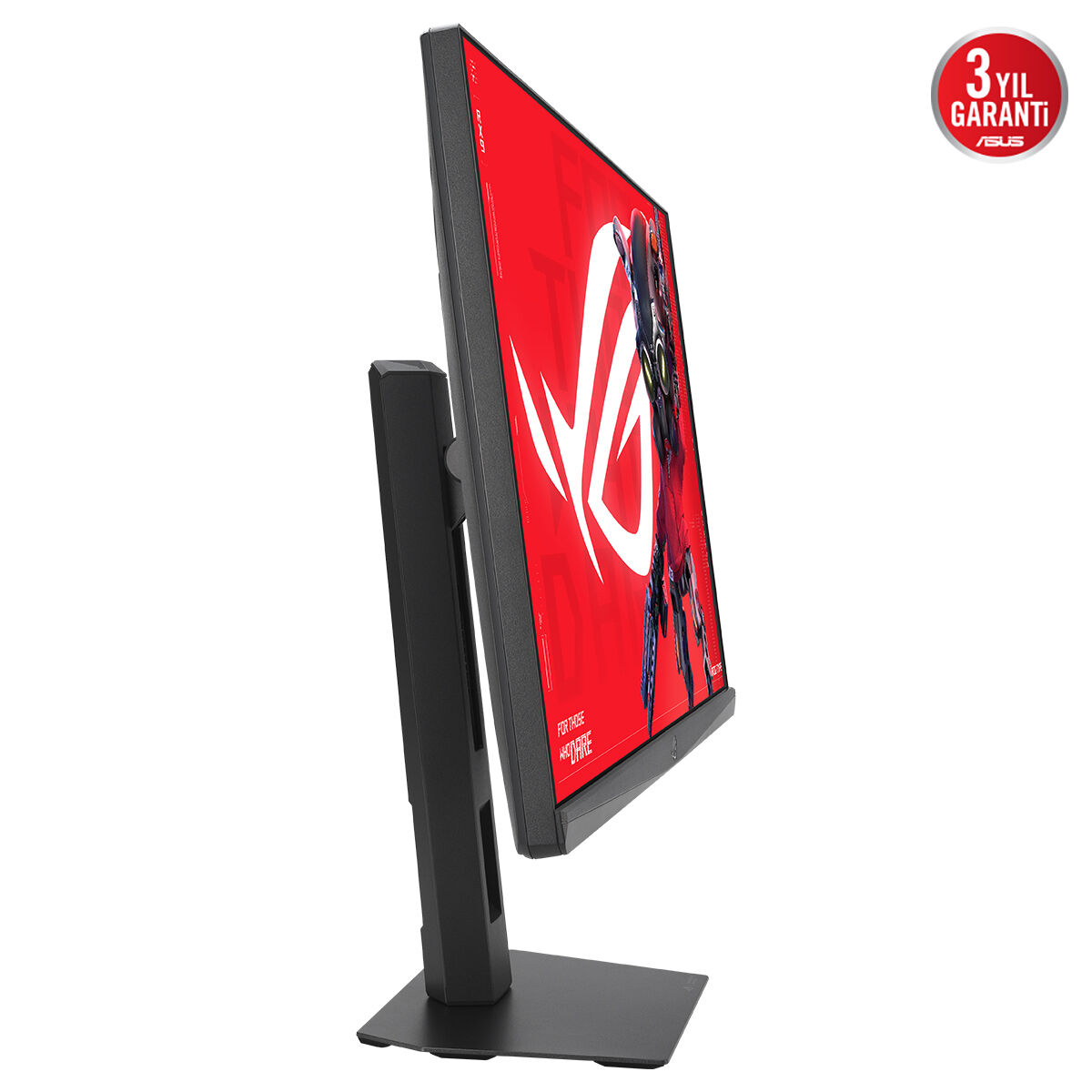 Kırmızı ekranlı siyah Asus oyuncu monitörünün ve sağ üstte 3 yıl garanti rozetinin yandan görünümü.