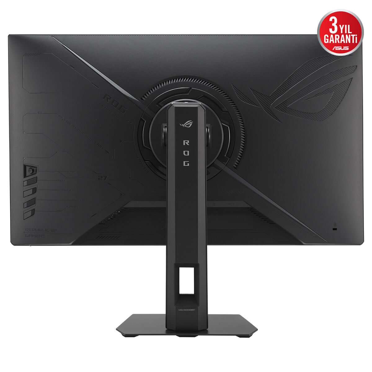Sağlam standı ve 3 yıl garanti rozeti olan siyah Asus ROG oyuncu monitörünün arka görünümü.