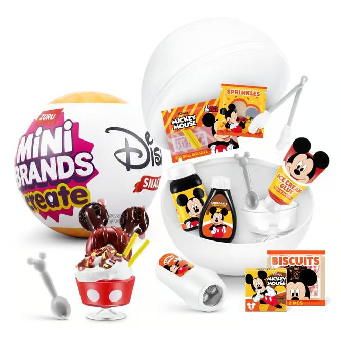 Set de juguetes Mini Brands Create Disney Snacks con recipientes, boles, botellas de salsa y accesorios de Mickey Mouse.