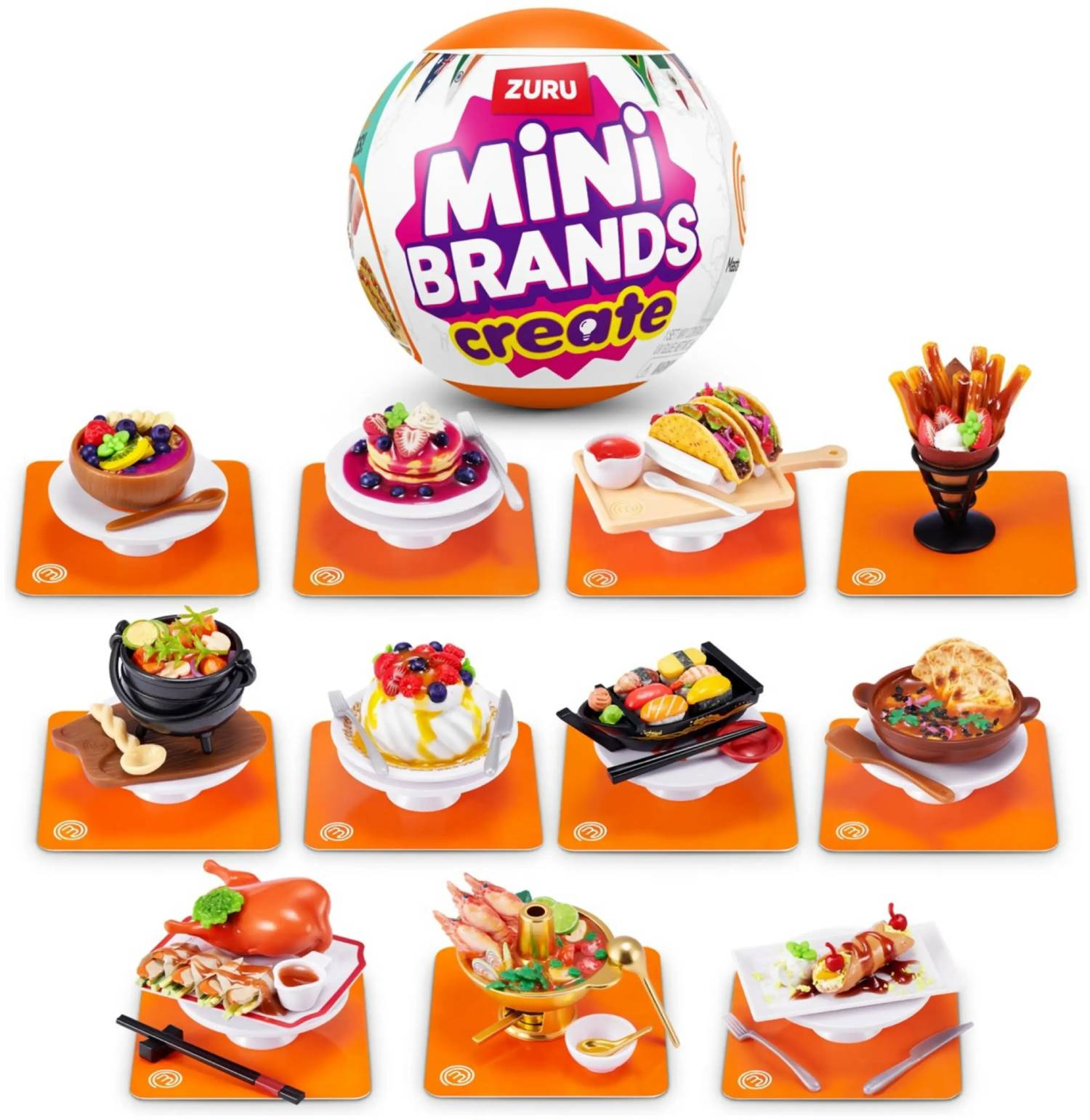 Una bola de juguete Zuru Mini Brands Create sobre once expositores de comida en miniatura.