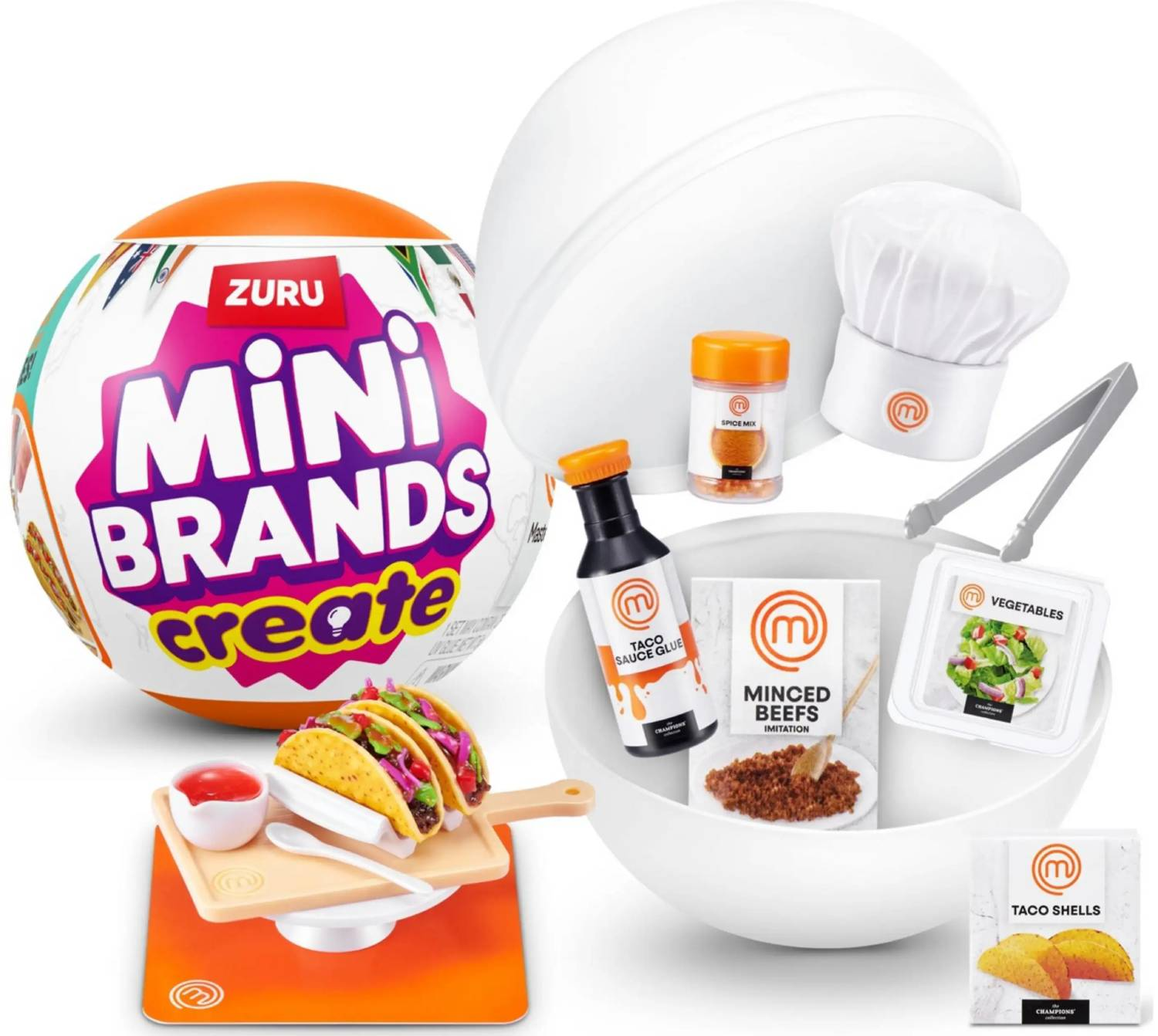 Set de juguete Zuru Mini Brands Create con ingredientes de taco, gorro de chef y cuencos.