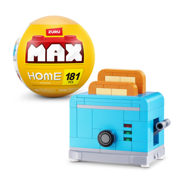 Un tostador azul hecho de bloques con tostadas y una esfera de embalaje amarilla etiquetada Max Home.