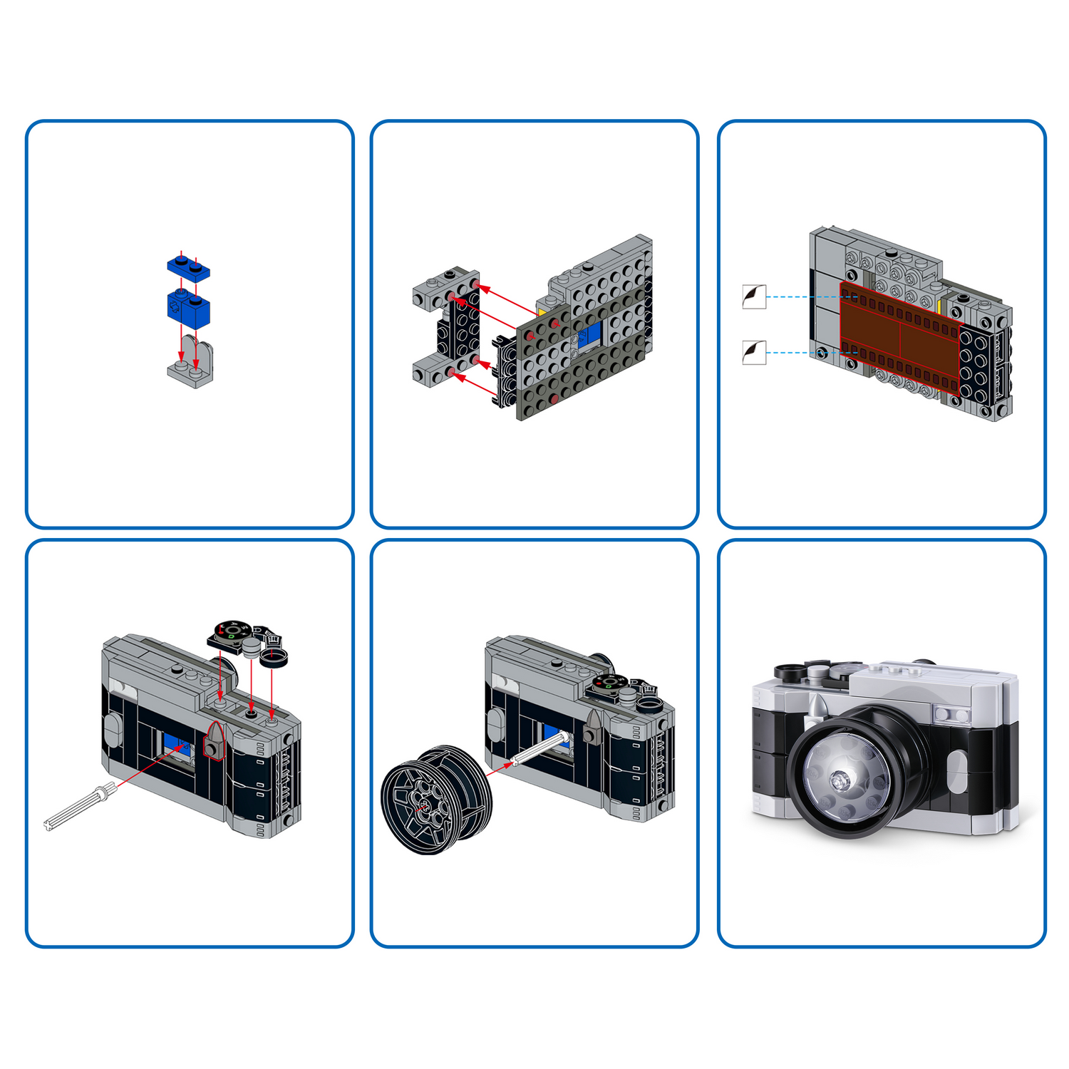 Instrucciones paso a paso que muestran cómo montar una cámara de juguete con piezas de Lego, culminando en el modelo terminado.