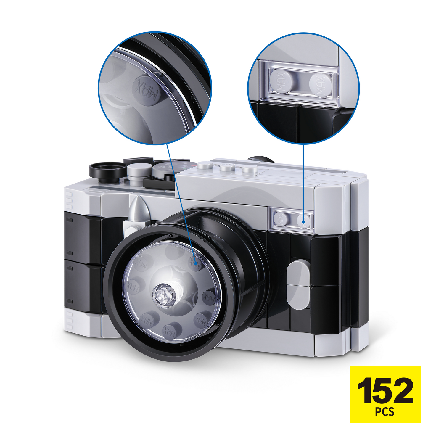 Una cámara de bloques de construcción en negro, gris y blanco con dos detalles ampliados y el texto 152 PCS.
