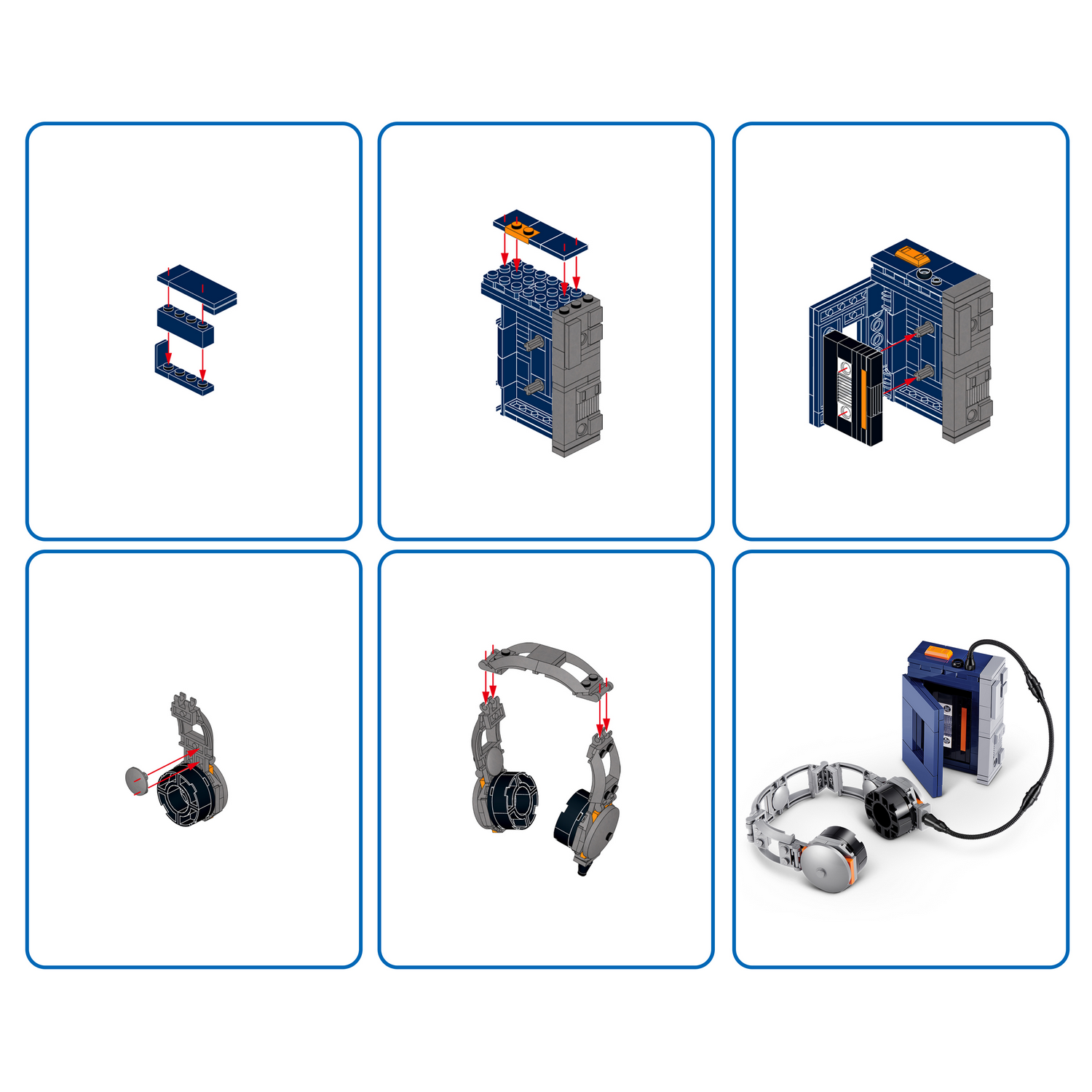 Guía de seis pasos para armar un reproductor de casetes y auriculares de Lego, con flechas rojas.