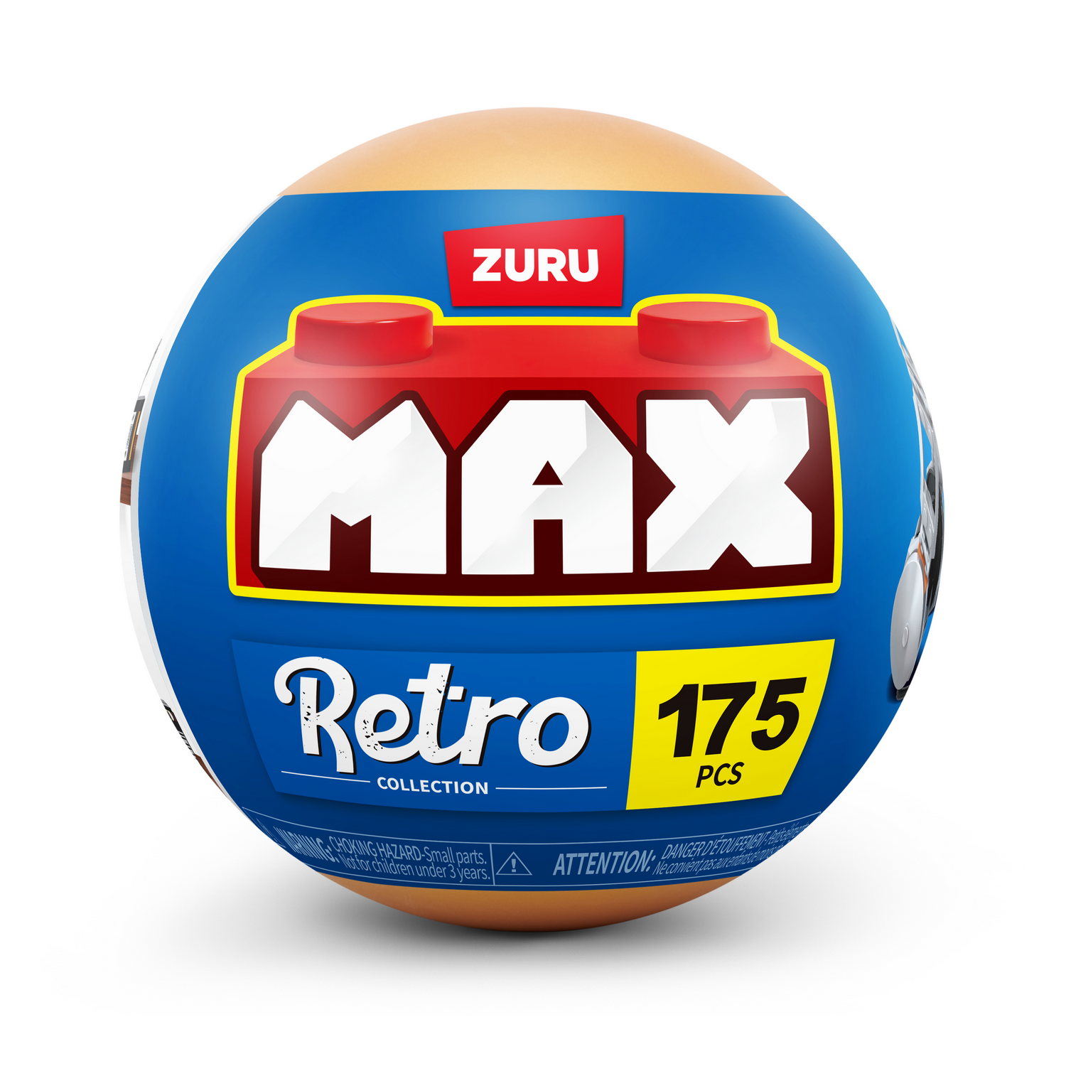 Un embalaje redondo y azul con el logo rojo de Zuru Max Retro y el texto 175 PCS.