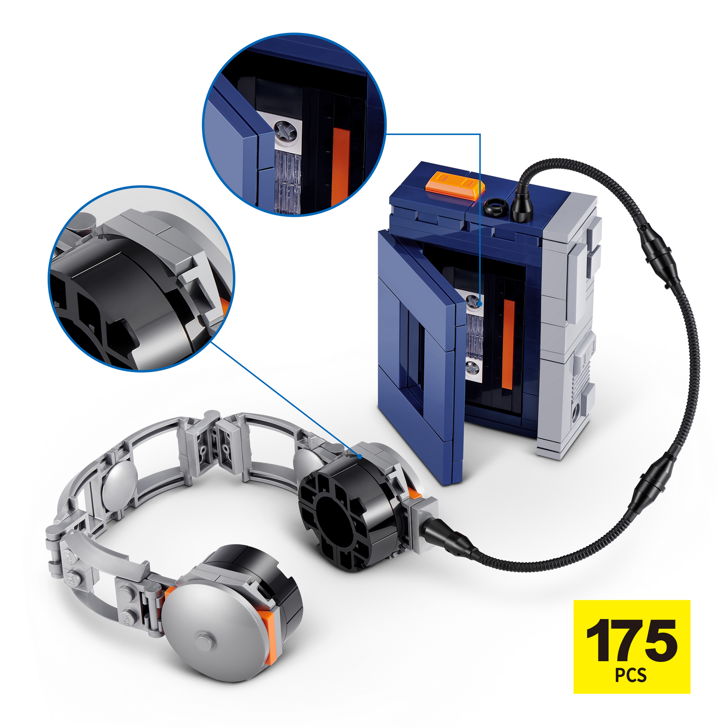 Set de Lego con reproductor de casetes azul y gris, auriculares y dos círculos de detalle.