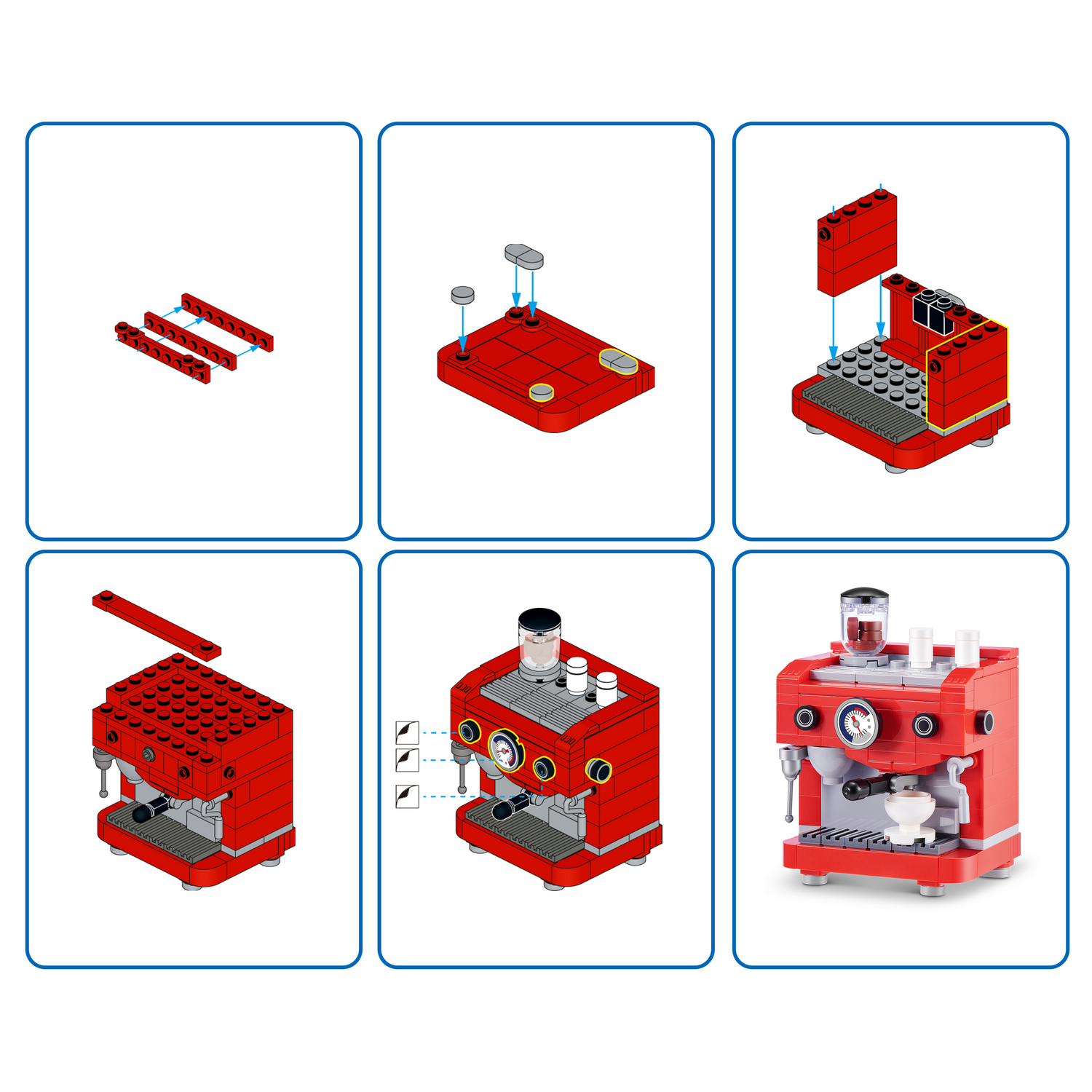 Instrucciones de montaje paso a paso para una cafetera Lego roja.