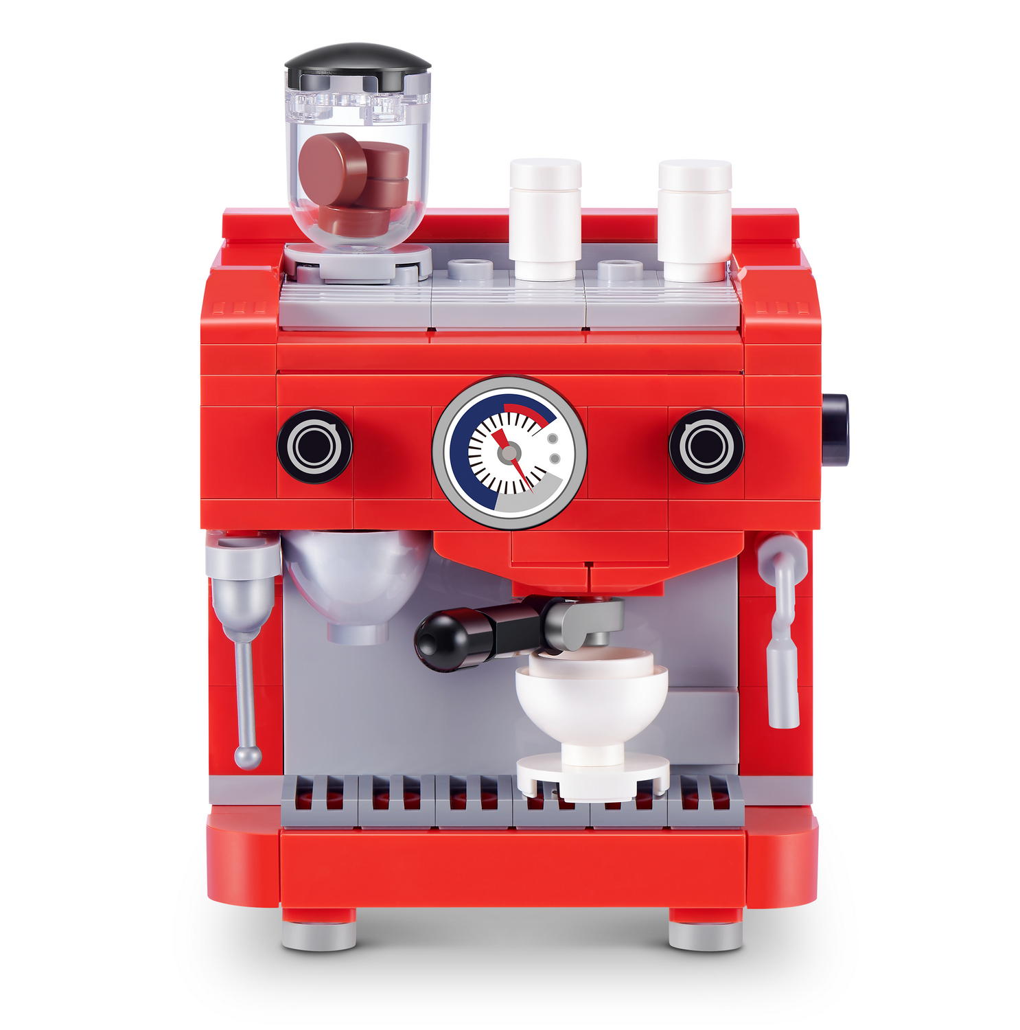 Una cafetera Lego roja con un manómetro redondo, un depósito de granos arriba y una taza pequeña abajo.