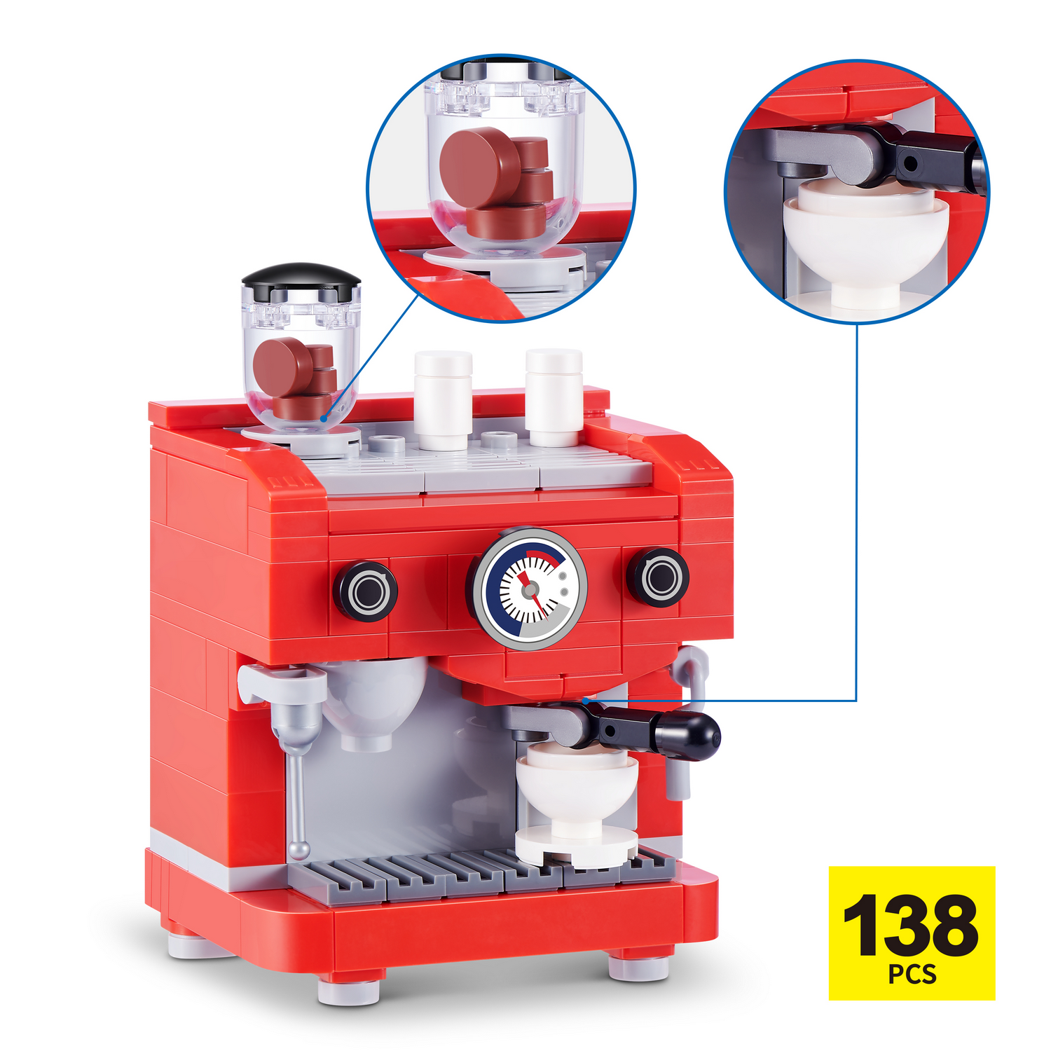 Una cafetera roja de bloques con dos vistas detalladas y una etiqueta de 138 piezas.