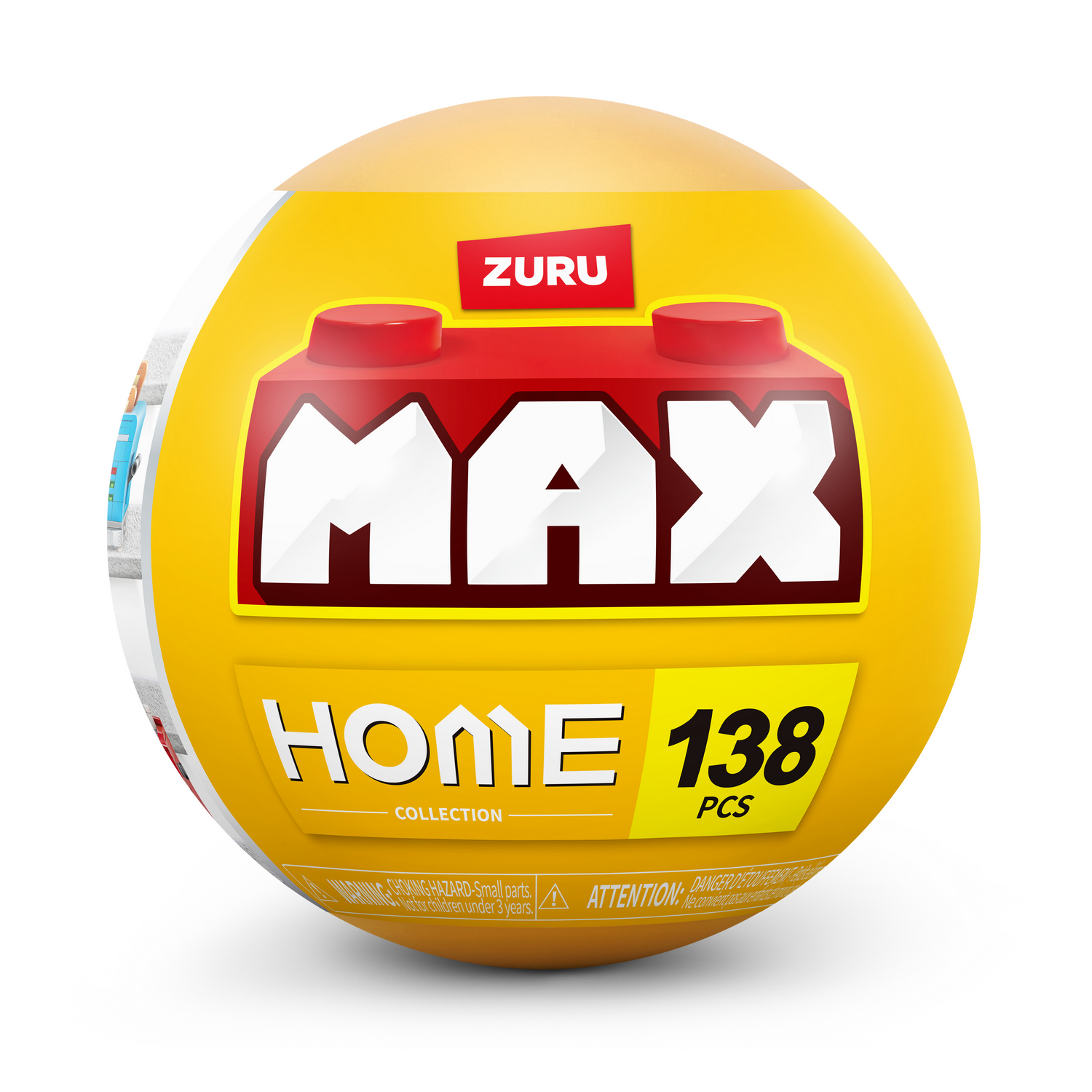 Cápsula de juguete amarilla Zuru Max Home con 138 piezas y logotipo rojo.