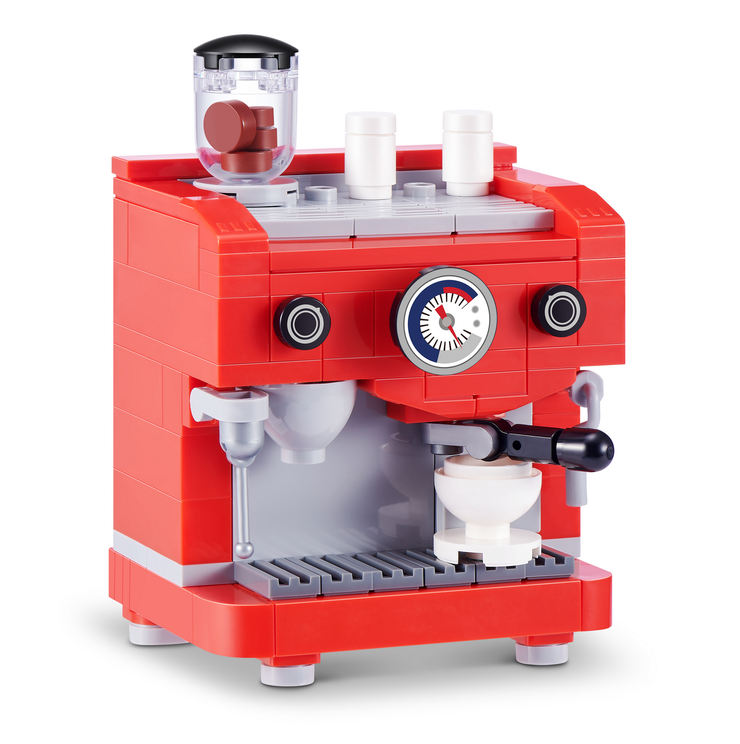 Una cafetera de juguete roja hecha de bloques con perillas, un manómetro y una taza.