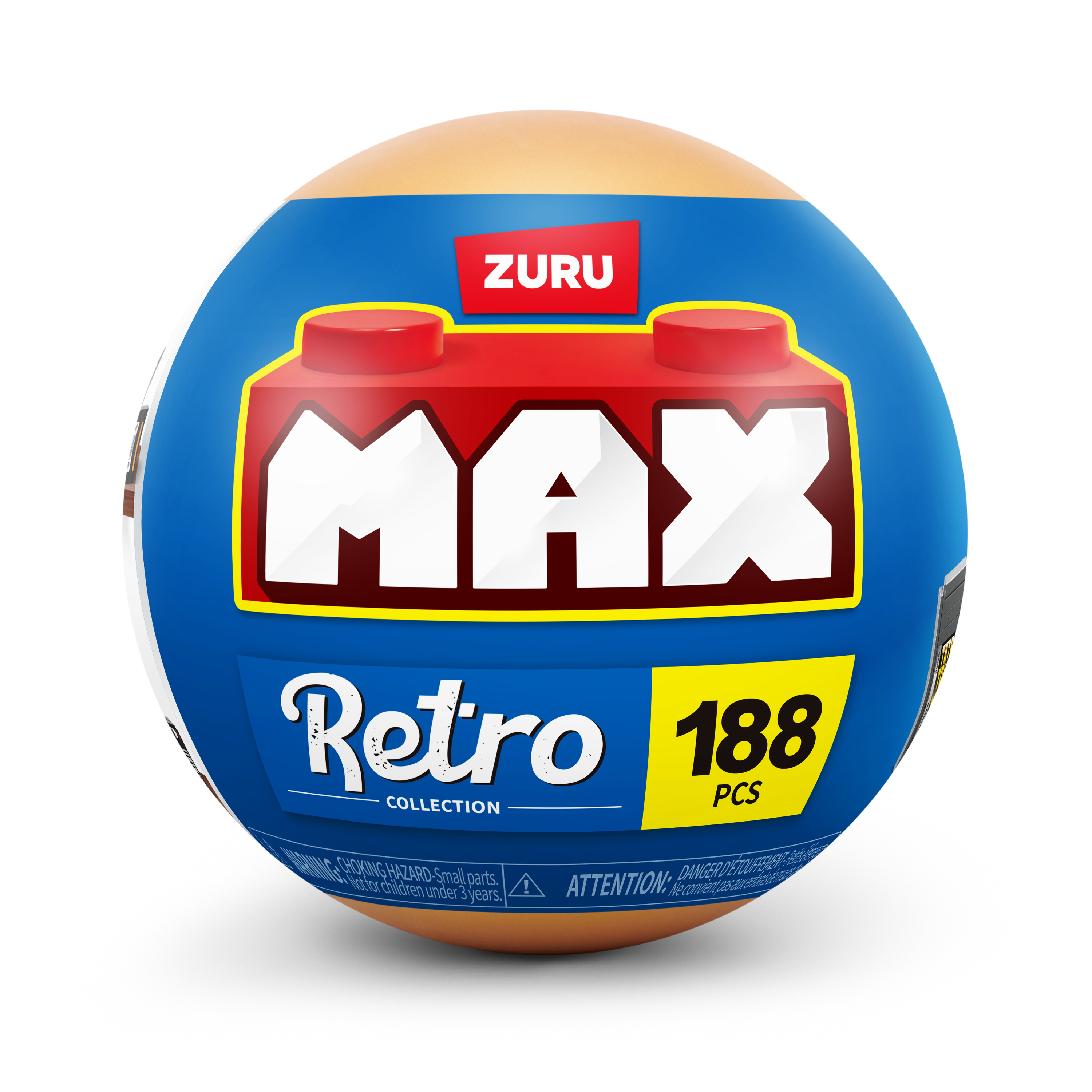 Una esfera de embalaje azul con texto ZURU Max Retro Collection 188 pcs sobre fondo blanco.