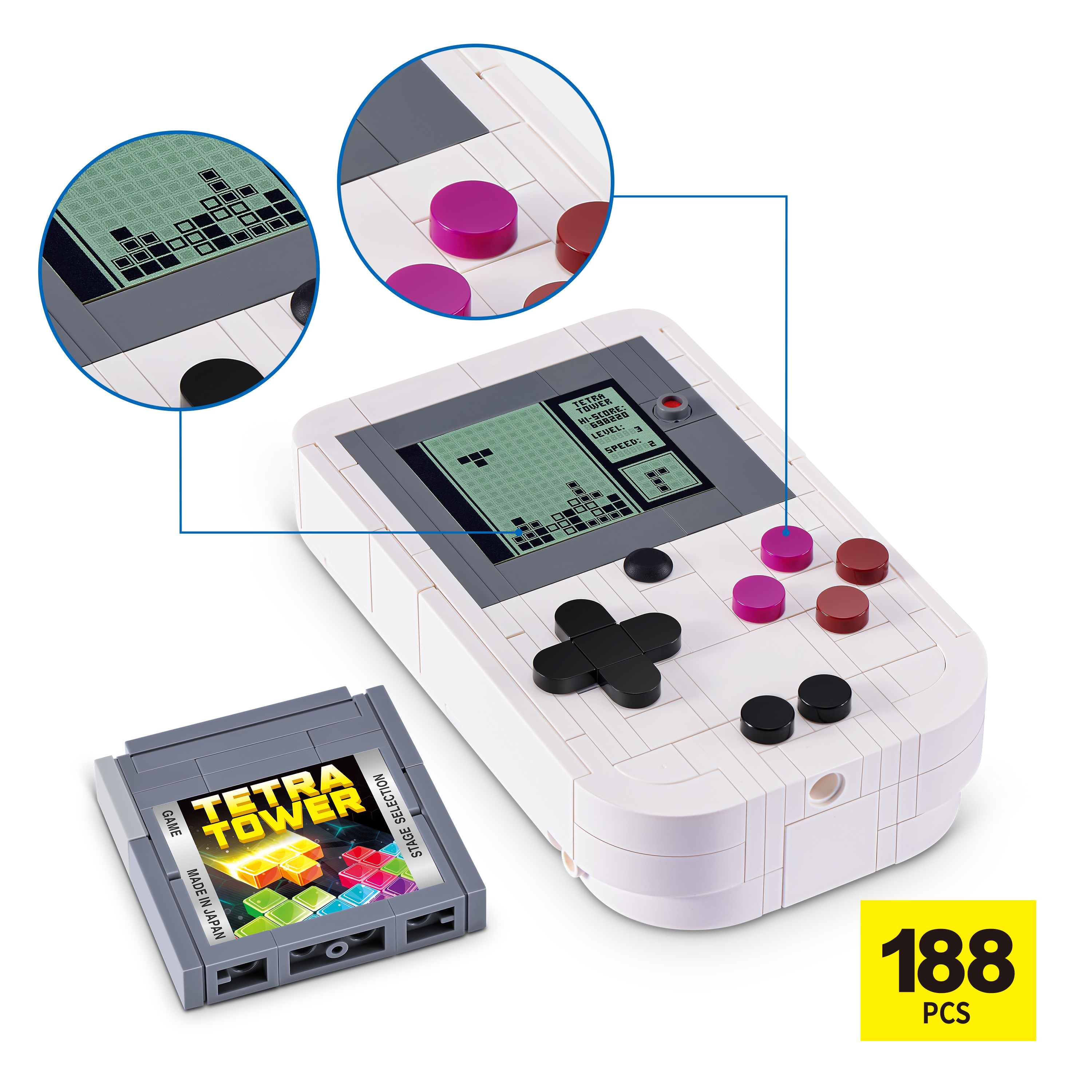 Consola portátil blanca de bloques con pantalla, botones y cartucho de juego Tetra Tower.