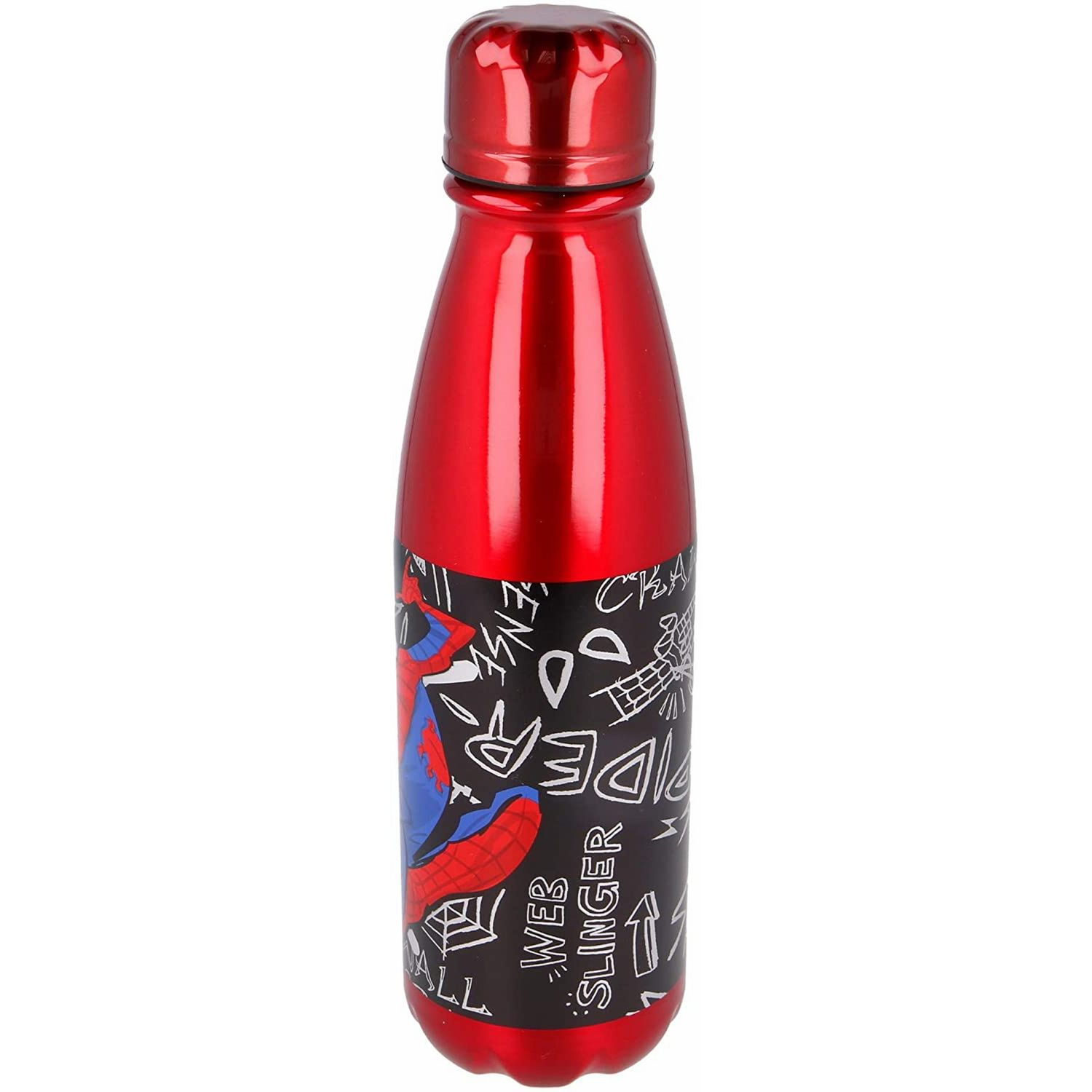 Una botella de agua de metal roja brillante con un gráfico de Spiderman y texto blanco sobre un fondo negro.