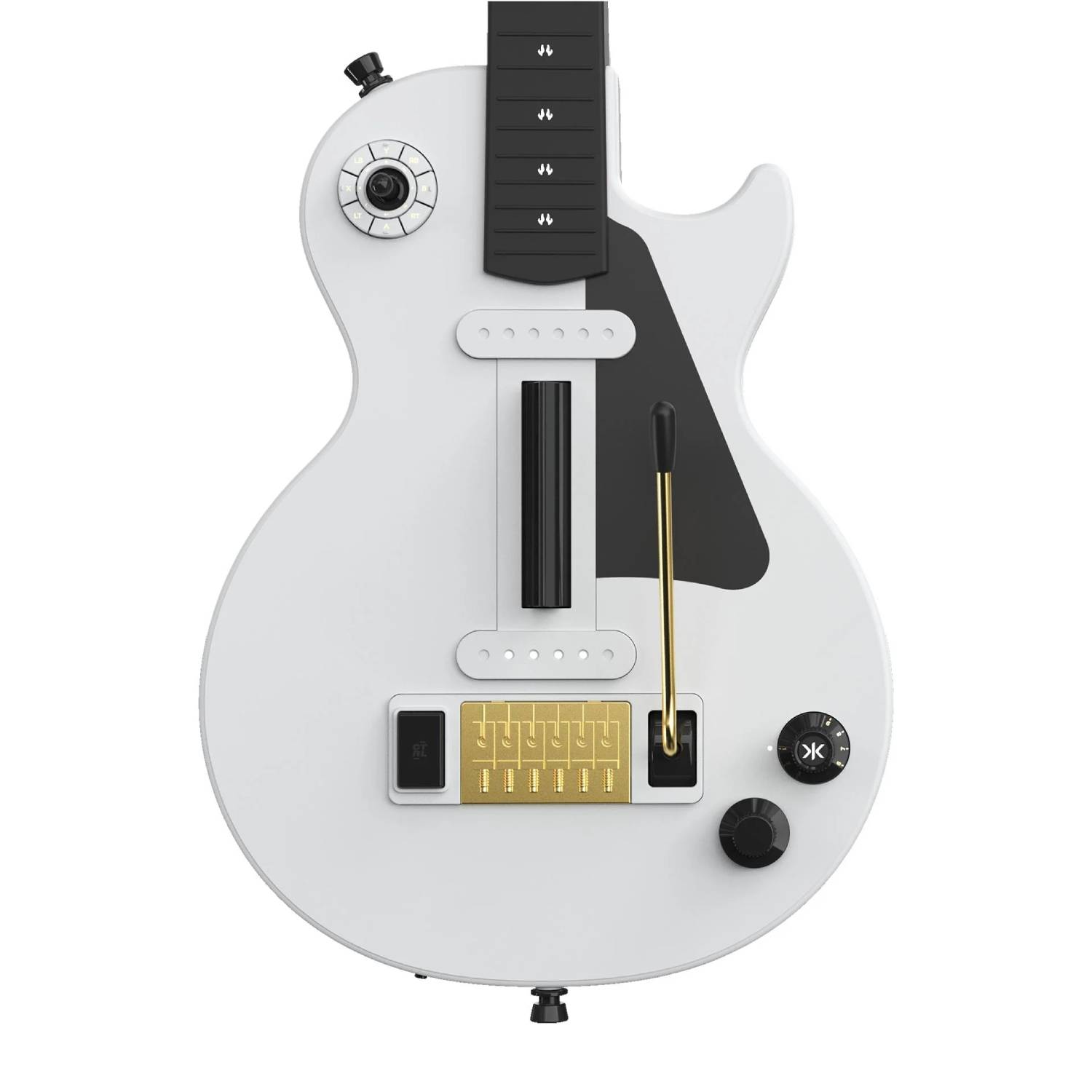 Una guitarra eléctrica blanca con mástil negro, detalles dorados, botones y una palanca sobre fondo claro.