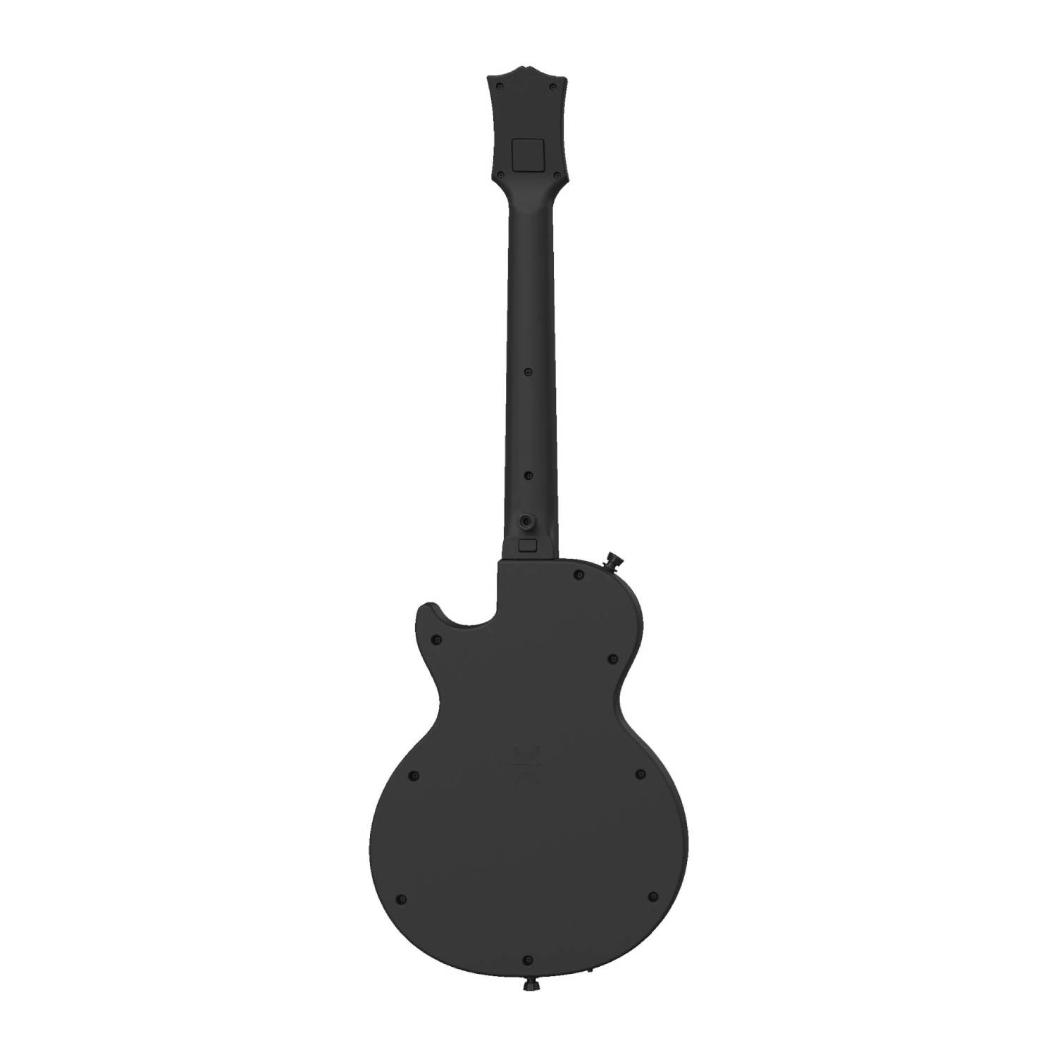 Vista trasera de una guitarra eléctrica negro mate sobre fondo blanco.