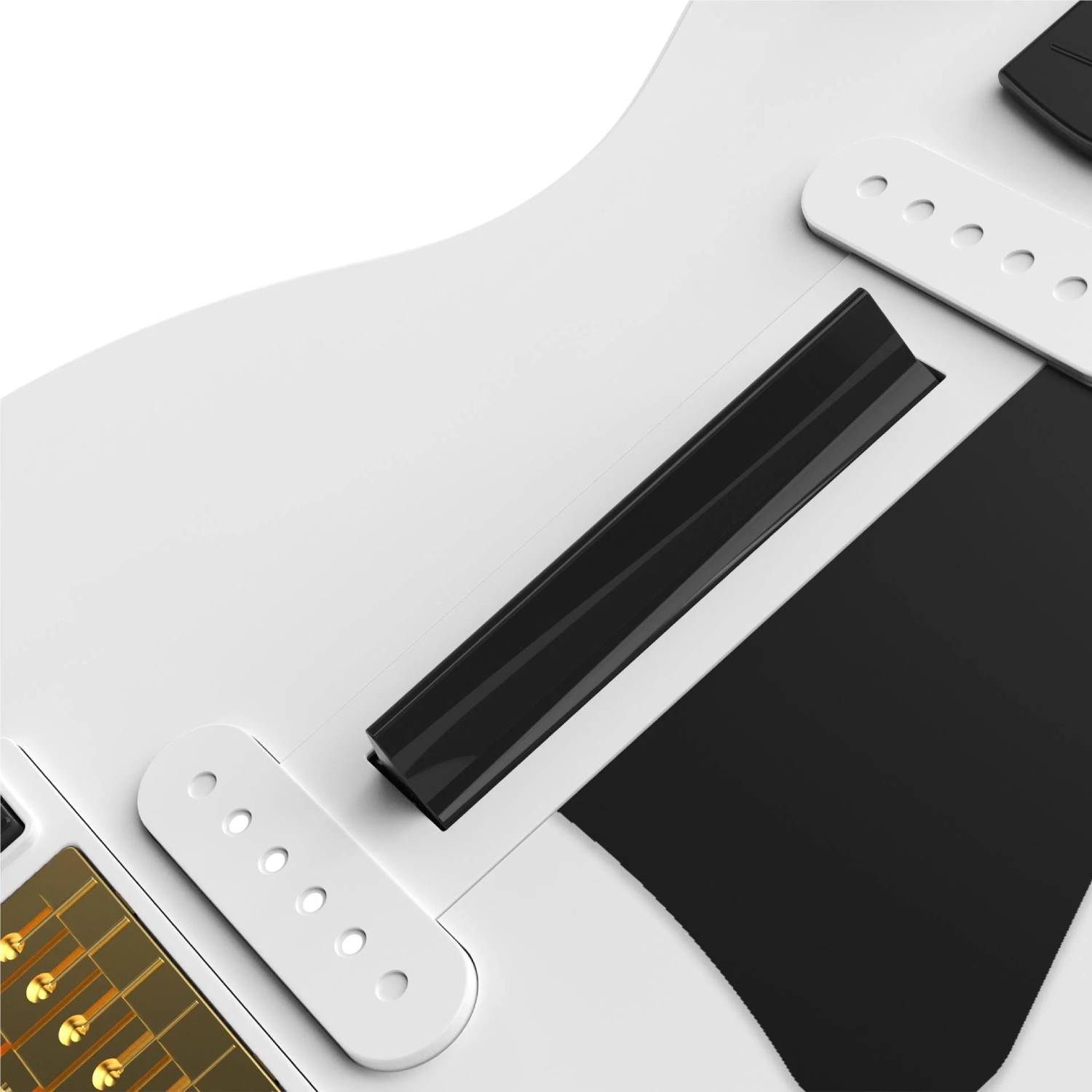 Primer plano de una guitarra eléctrica blanca con detalles negros y dorados en el mástil.