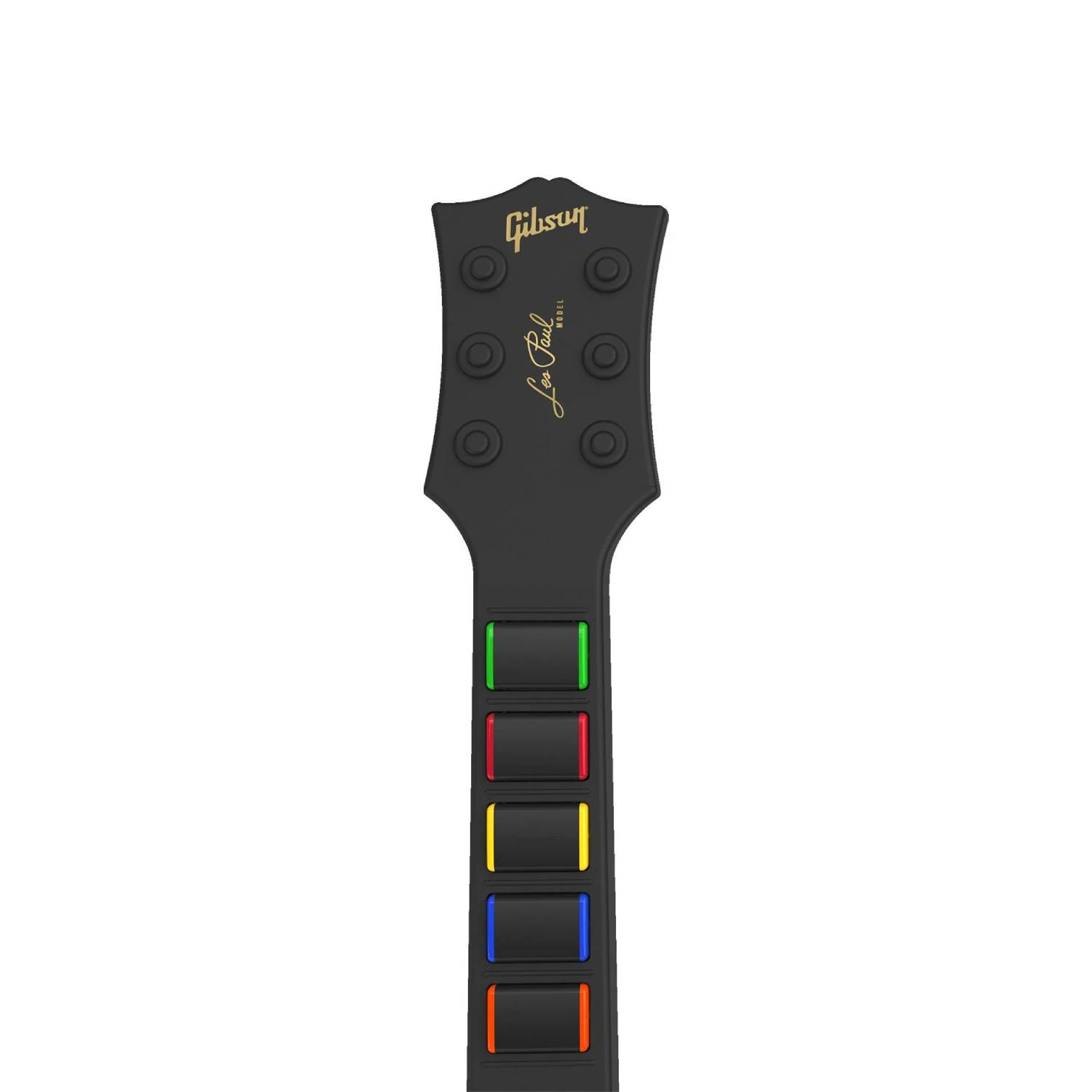 Mástil de guitarra negro con botones de colores y logotipo de Gibson sobre fondo blanco.