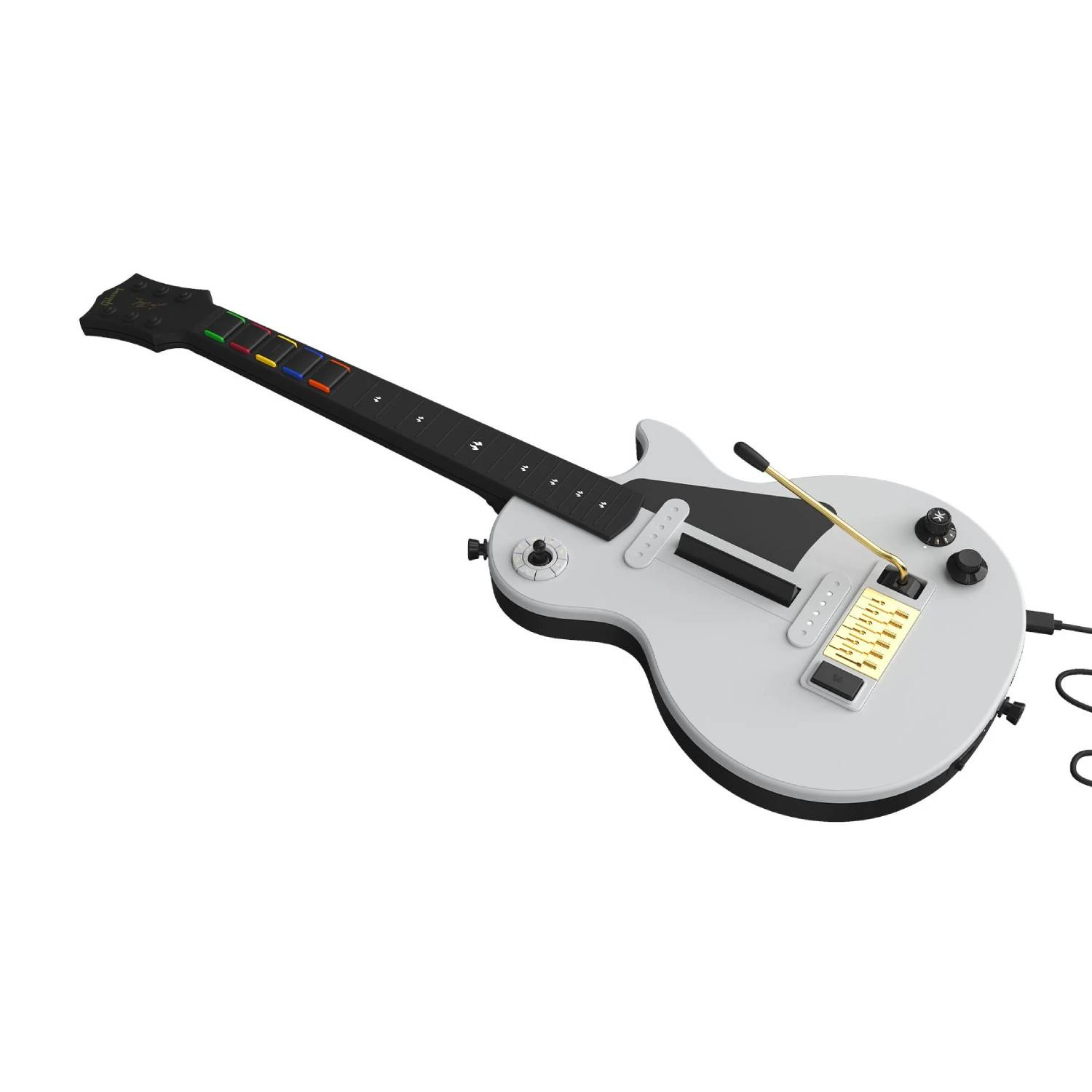 Un controlador de videojuego de guitarra eléctrica gris y negro con botones de traste de colores sobre un fondo blanco.