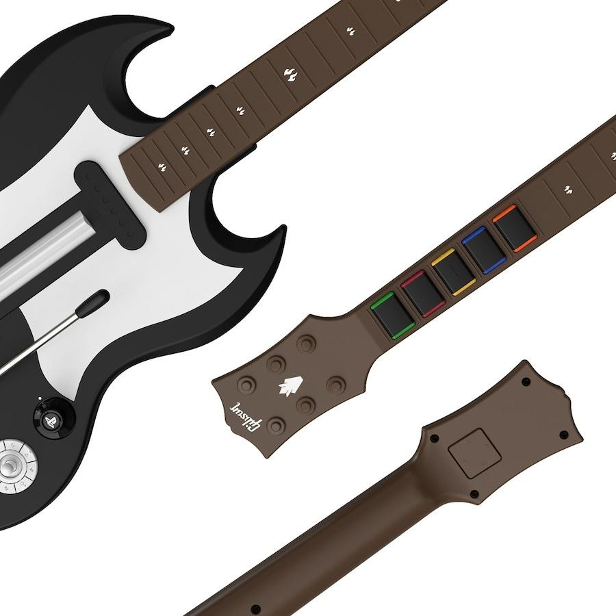 Guitarra Gibson negra con golpeador blanco y trastes de colores en el diapasón.