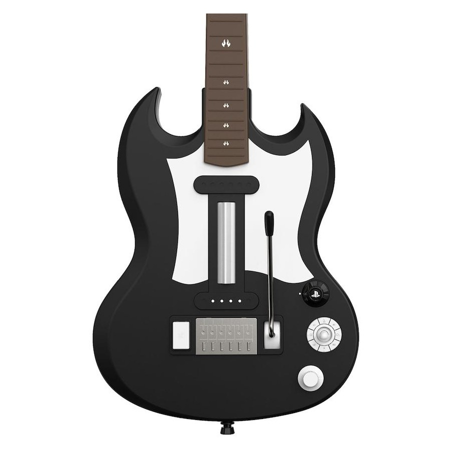 Guitarra eléctrica negra con golpeador blanco y botones en el mástil.