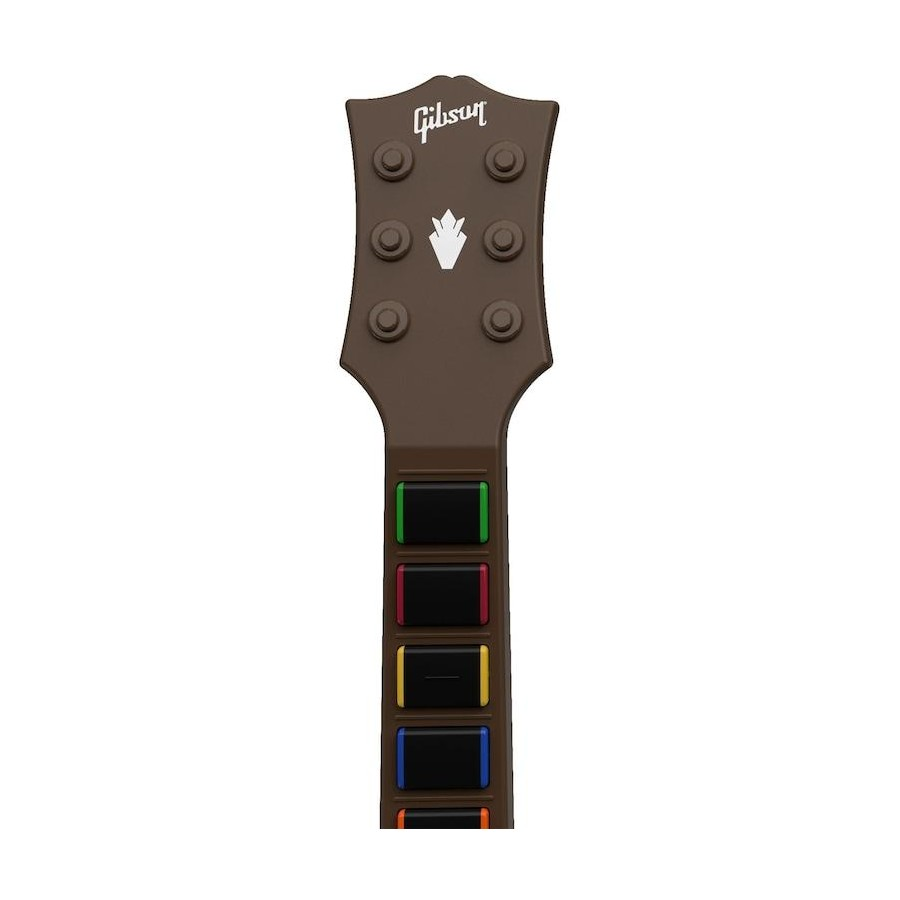 Mástil de guitarra para videojuego de ritmo Gibson con botones de trastes coloridos.