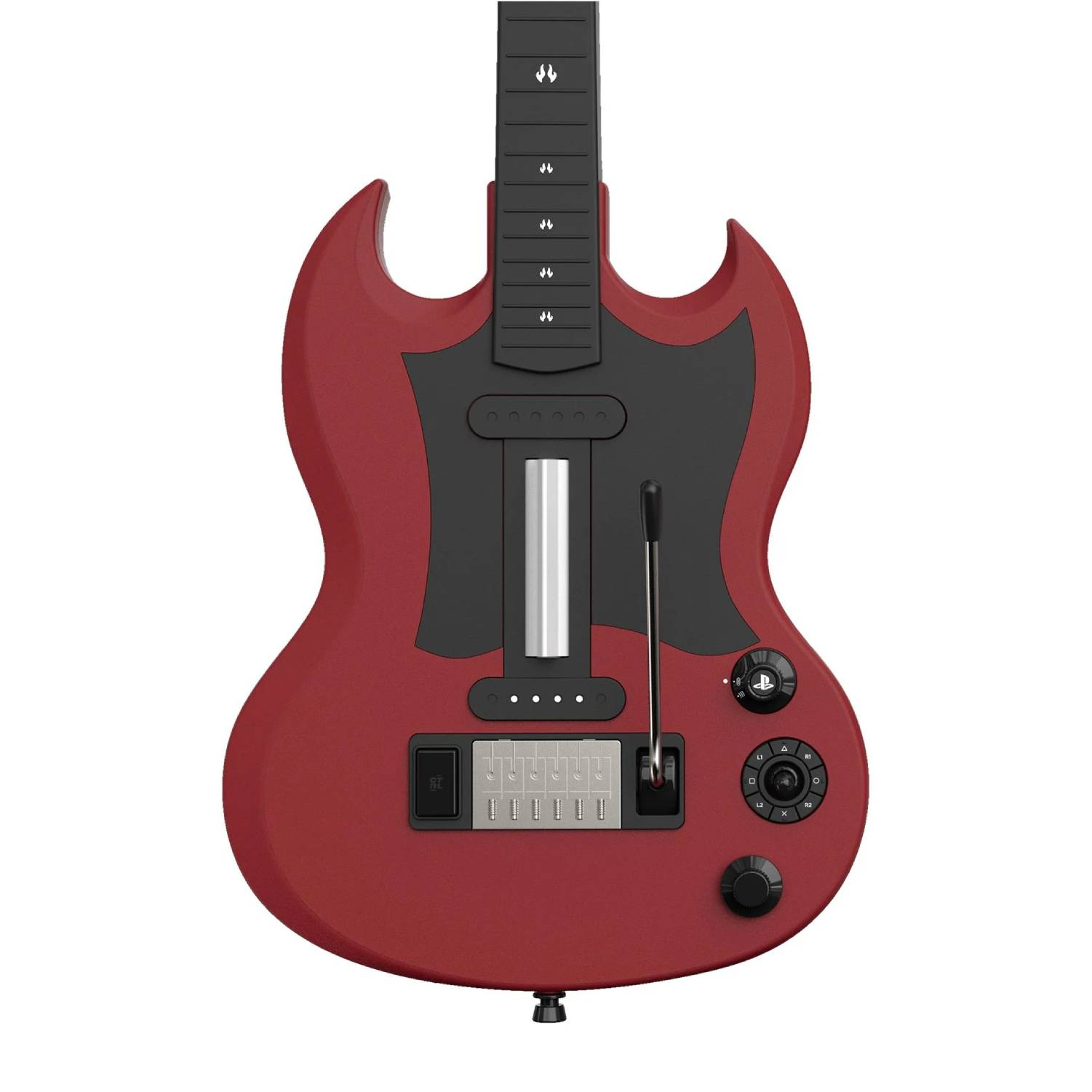 Una guitarra roja con botones negros y mástil blanco, ideal para juegos de música.