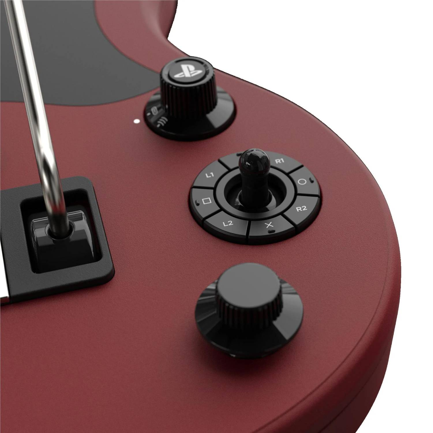 Cuerpo de controlador de guitarra rojo con joystick, botones y palanca.