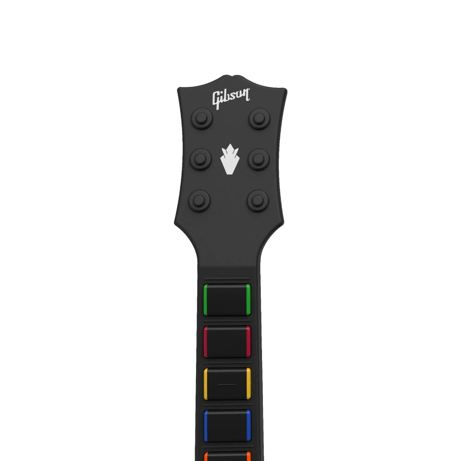 Mástil de guitarra Gibson negro con botones de colores y logotipo de Gibson.