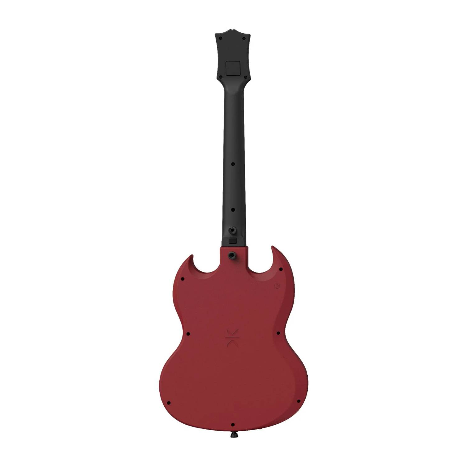 Vista trasera de una guitarra eléctrica roja con mástil negro sobre fondo blanco.