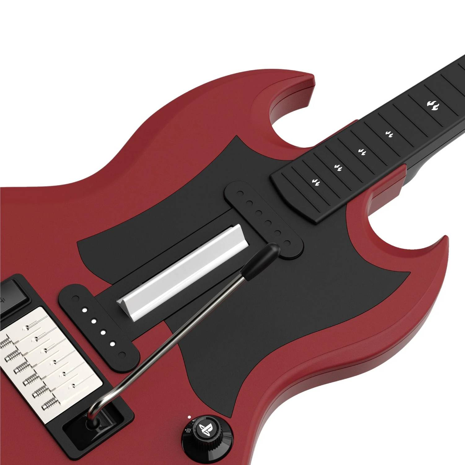 Guitara eléctrica roja con golpeador negro y botones plateados sobre fondo blanco.