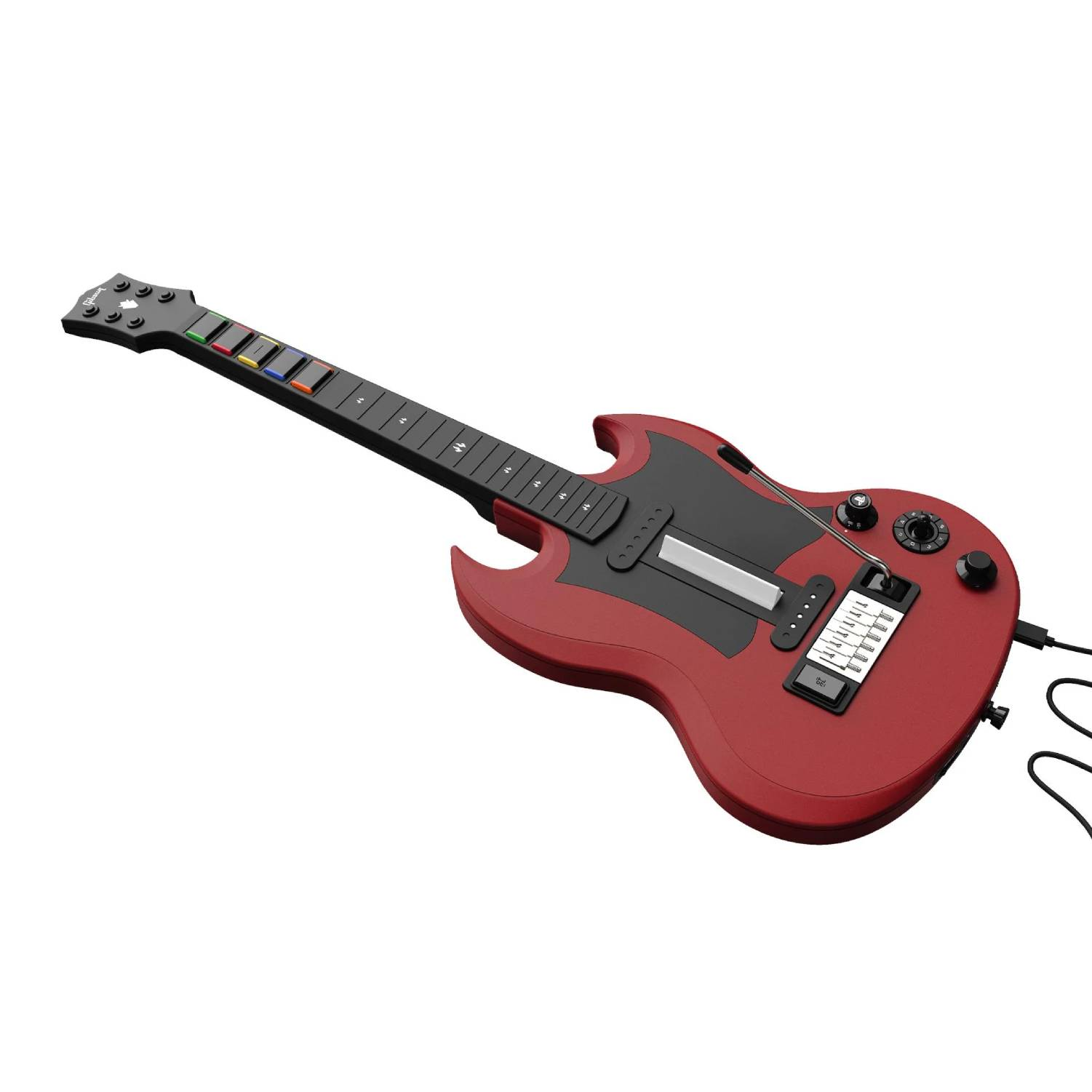 Un controlador de guitarra para videojuegos rojo con botones de trastes coloridos sobre fondo blanco.
