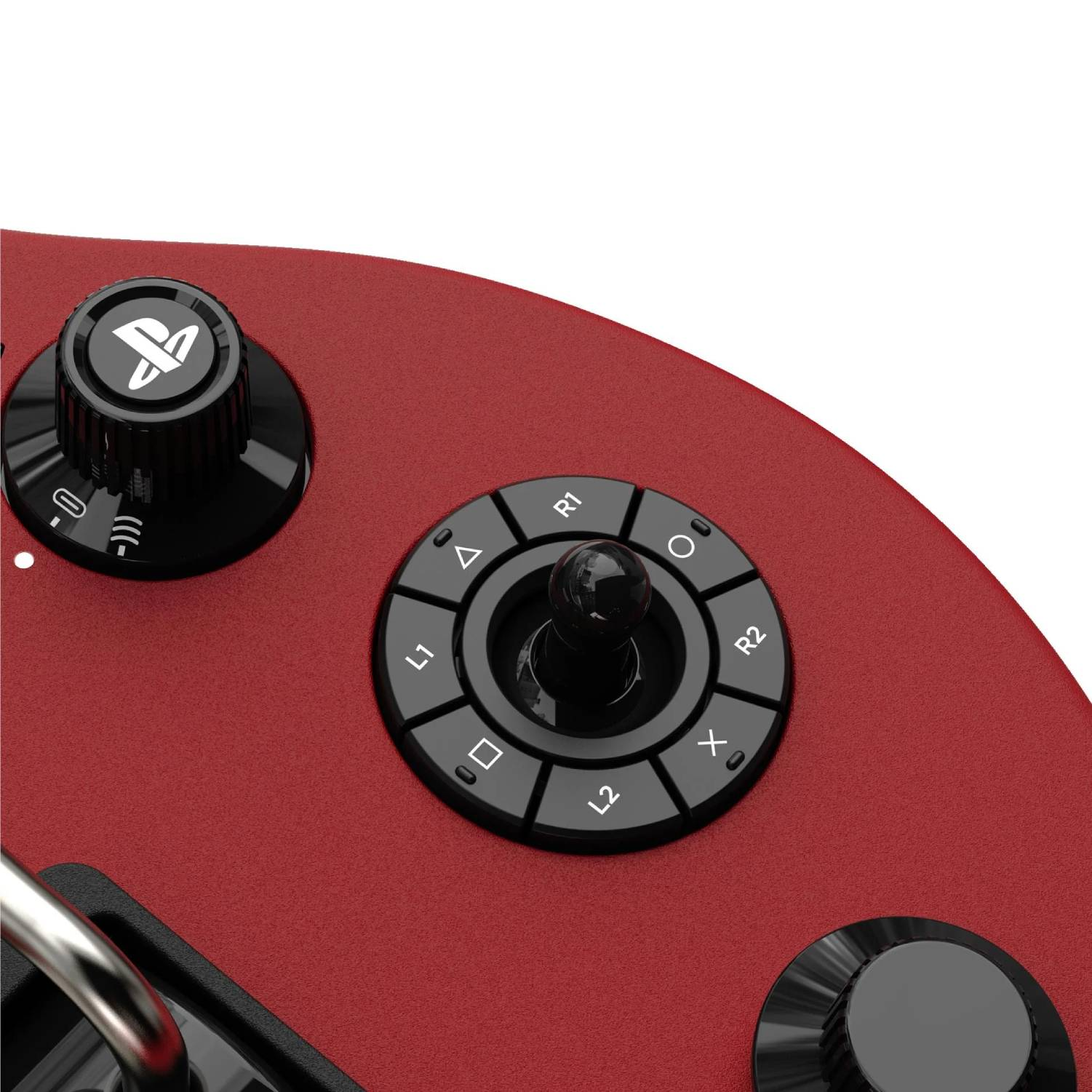 Primer plano de un controlador rojo con botones negros, joystick y el logo de PlayStation sobre fondo blanco.