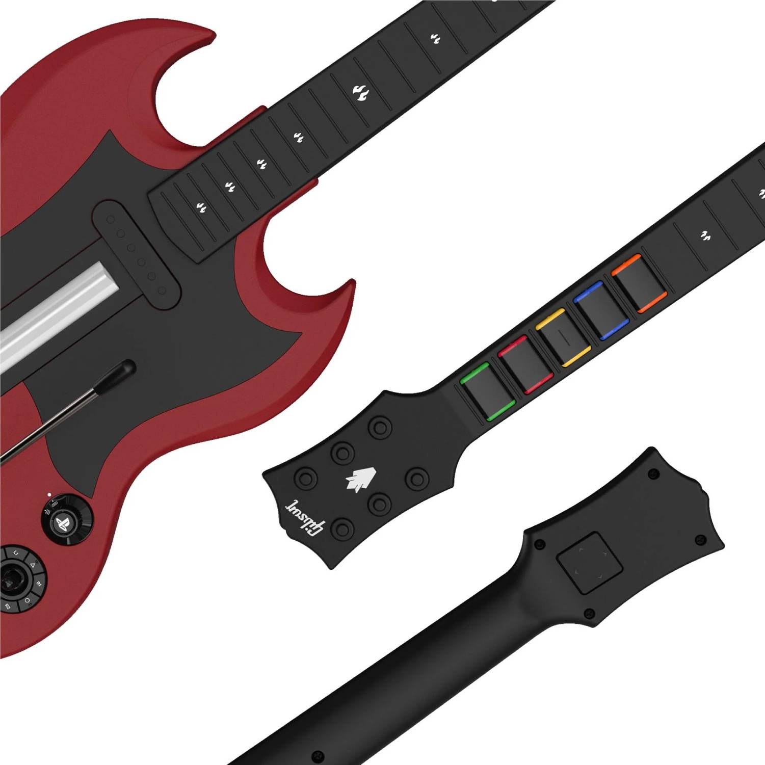 Un controlador de guitarra para videojuegos rojo con mástil negro y botones de colores sobre fondo blanco.