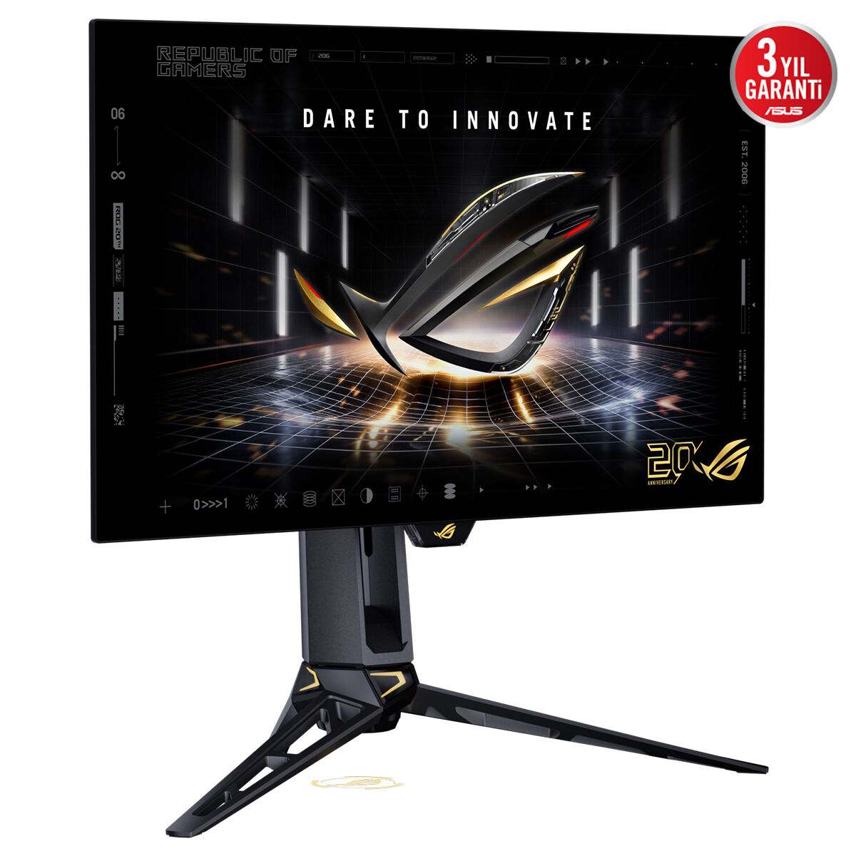 Siyah ayaklı bir ASUS ROG oyuncu monitörü, ekranda ROG logosu var.