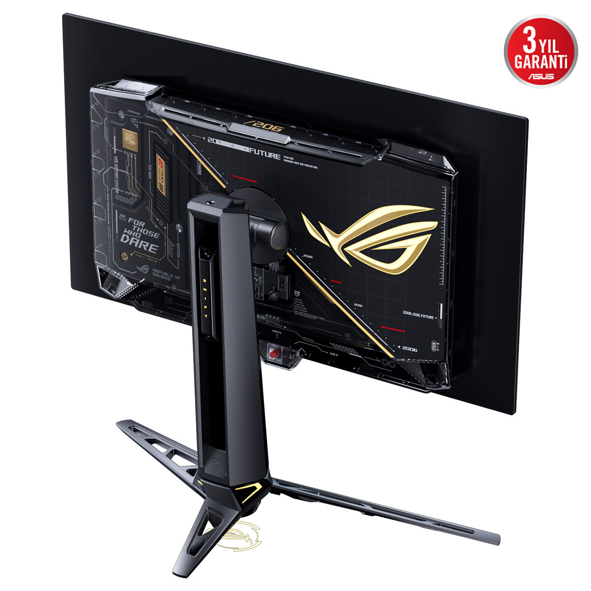 Fütrüktif tasarıma ve sağlam standa sahip modern siyah Asus ROG oyun monitörünün arka görünümü.