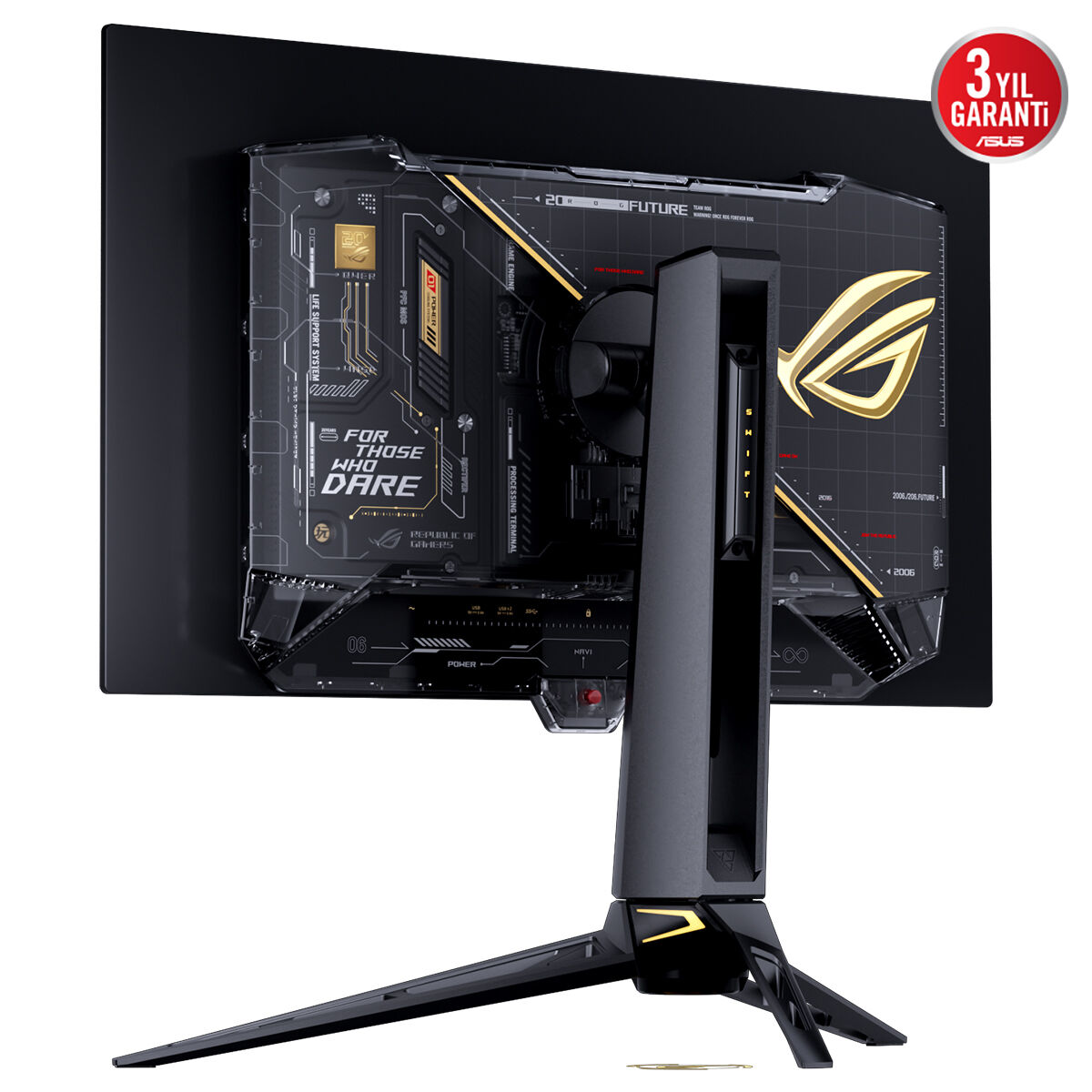 Karmaşık teknik tasarıma ve siyah ayak üzerinde altın logoya sahip bir ASUS ROG oyuncu monitörünün arkası.