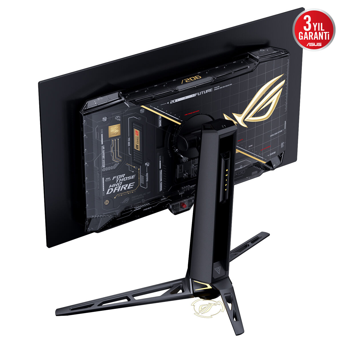 Cyberpunk tasarımına, devre kartı detaylarına ve siyah sağlam ayağa sahip ASUS ROG oyunc monitörünün arkası.