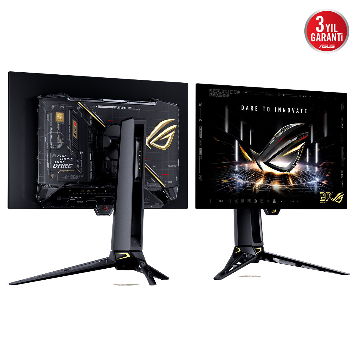 Fütüristik tasarıma ve üç ayaklı standa sahip bir Asus ROG oyuncu monitörünün önü ve arkası.