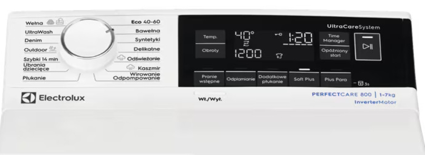 Panel sterowania białej pralki Electrolux PerfectCare 800 z pokrętłem wyboru programów, wyświetlaczem i przyciskami dotykowymi.