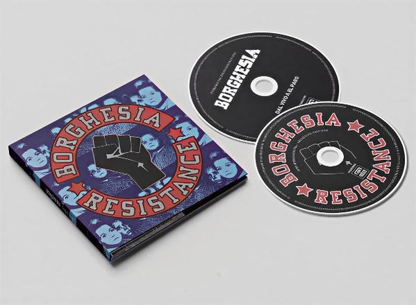 CD-Set mit Hülle und zwei CDs, bedruckt mit dem Schriftzug Borghesia Resistance und einer geballten Faust.